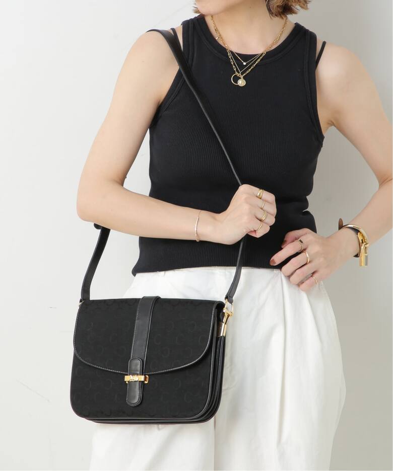 CELINE マカダム キャンバス レザー フラップ ショルダーバッグ 黒 