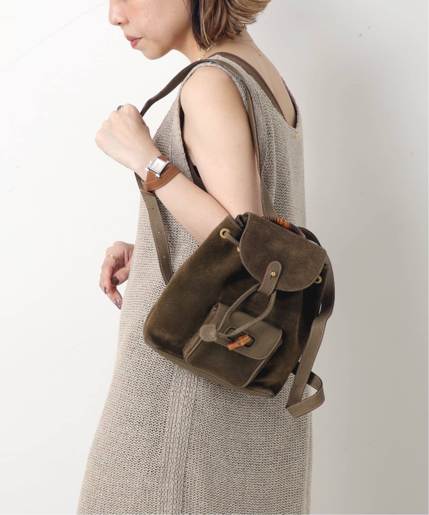 グッチ ミニリュック バックパック 巾着 バンブー ターンロック スエード 紺色 VINTAGE GUCCI/グッチ】Bamboo バックパック mini suede（バックパック