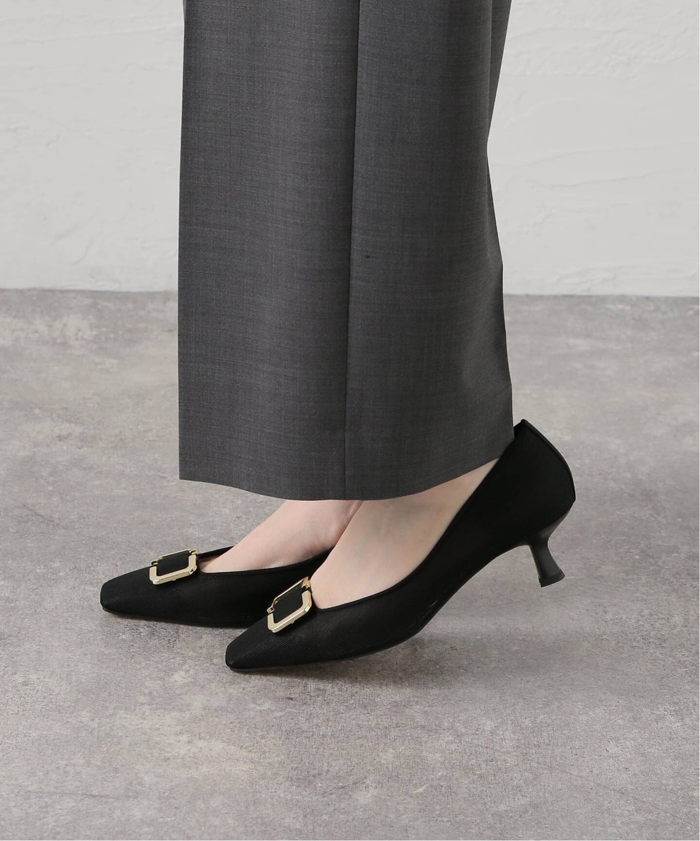 LE TALON ブラックパンプス スクエアトゥ 5cmスクエアチュールバックルパンプス（パンプス）｜LE TALON（ル