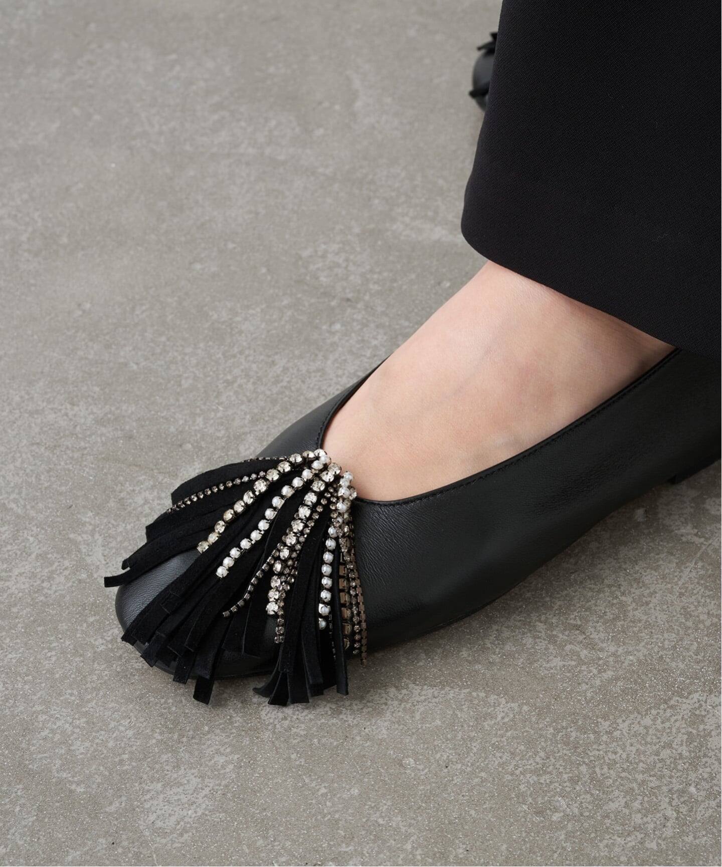 GRISEレザービジューフリンジフラット（フラットシューズ）｜GRISE