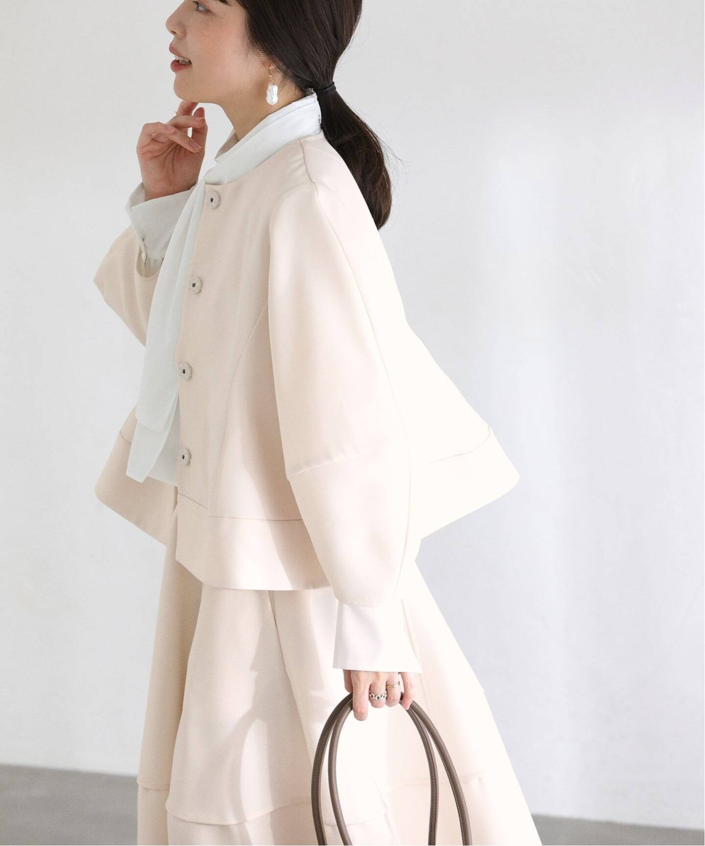 洗える】ボンディングショートペプラムジャケット（ノーカラー