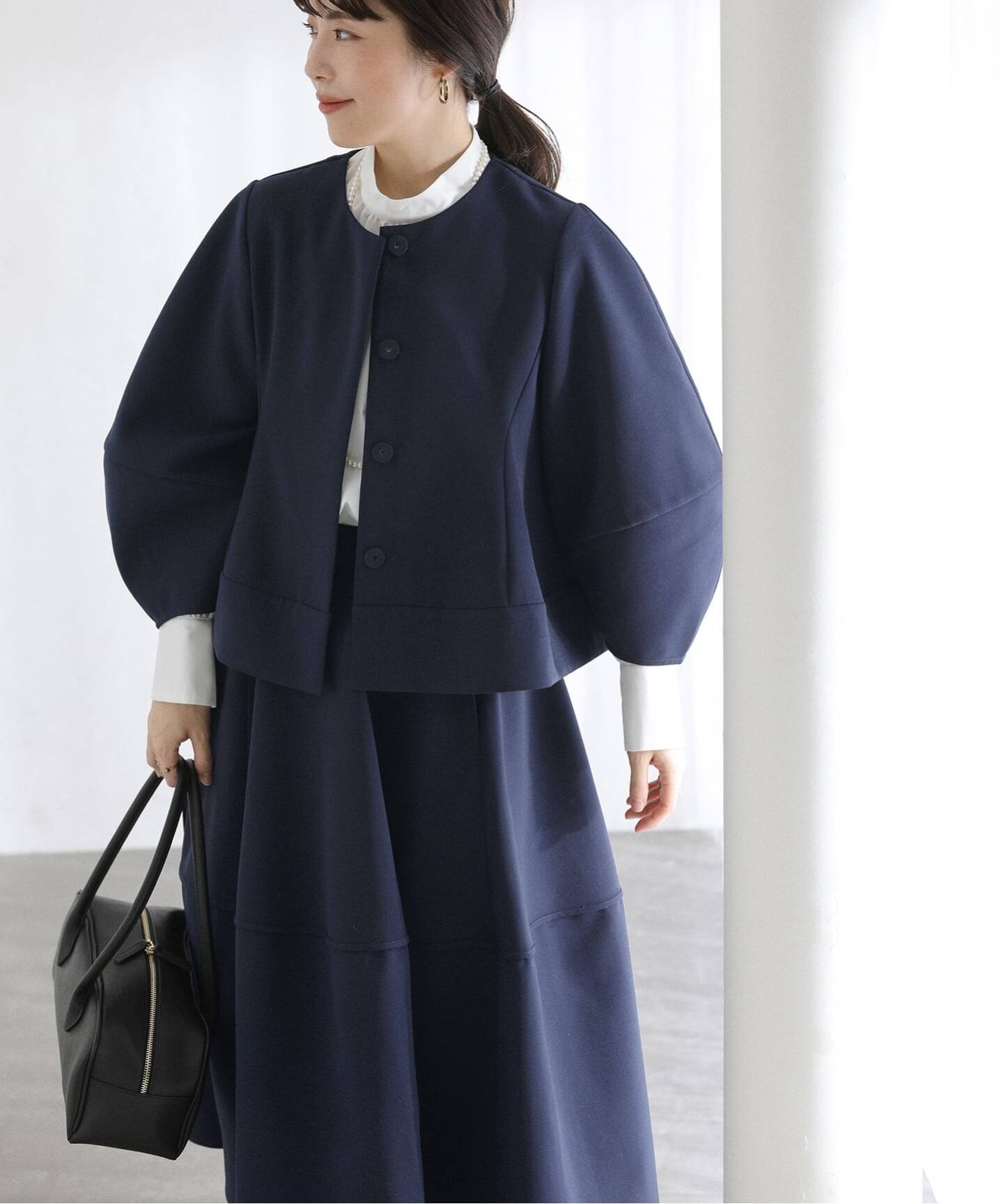 洗える】ボンディングショートペプラムジャケット（ノーカラー 
