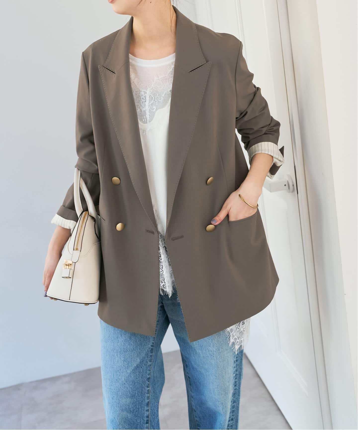 ecomamaスピックアンドスパンプレーンウィーブダブルブレストジャケット 新色有り / 追加予約》プレーンウィーブダブルブレストジャケット