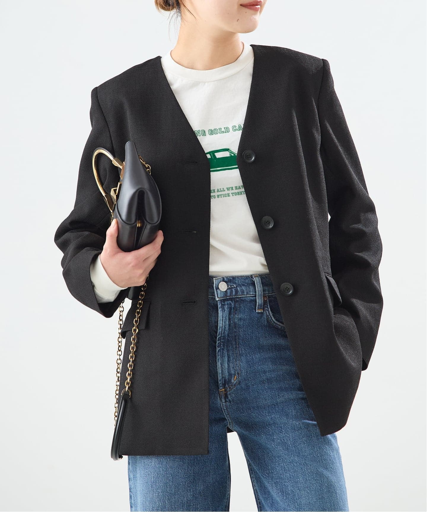 極美品♡ジャーナルスタンダードレサージュ　オックスノーカラージャケット　黒 金子綾さん着用】リノオックス Vネックジャケット（ノーカラー