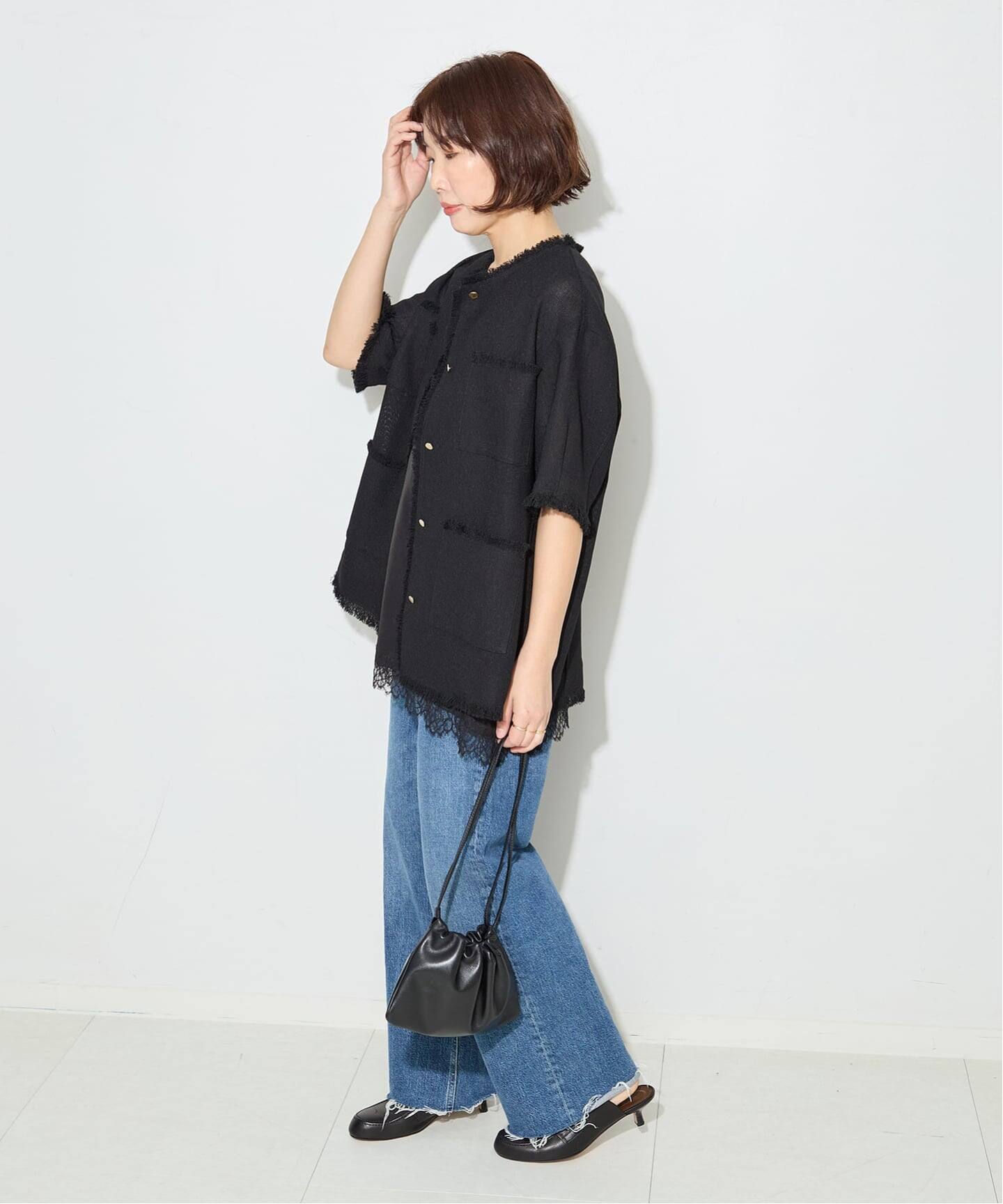 TWEEDY MESH ショートスリーブジャケット（ノーカラージャケット
