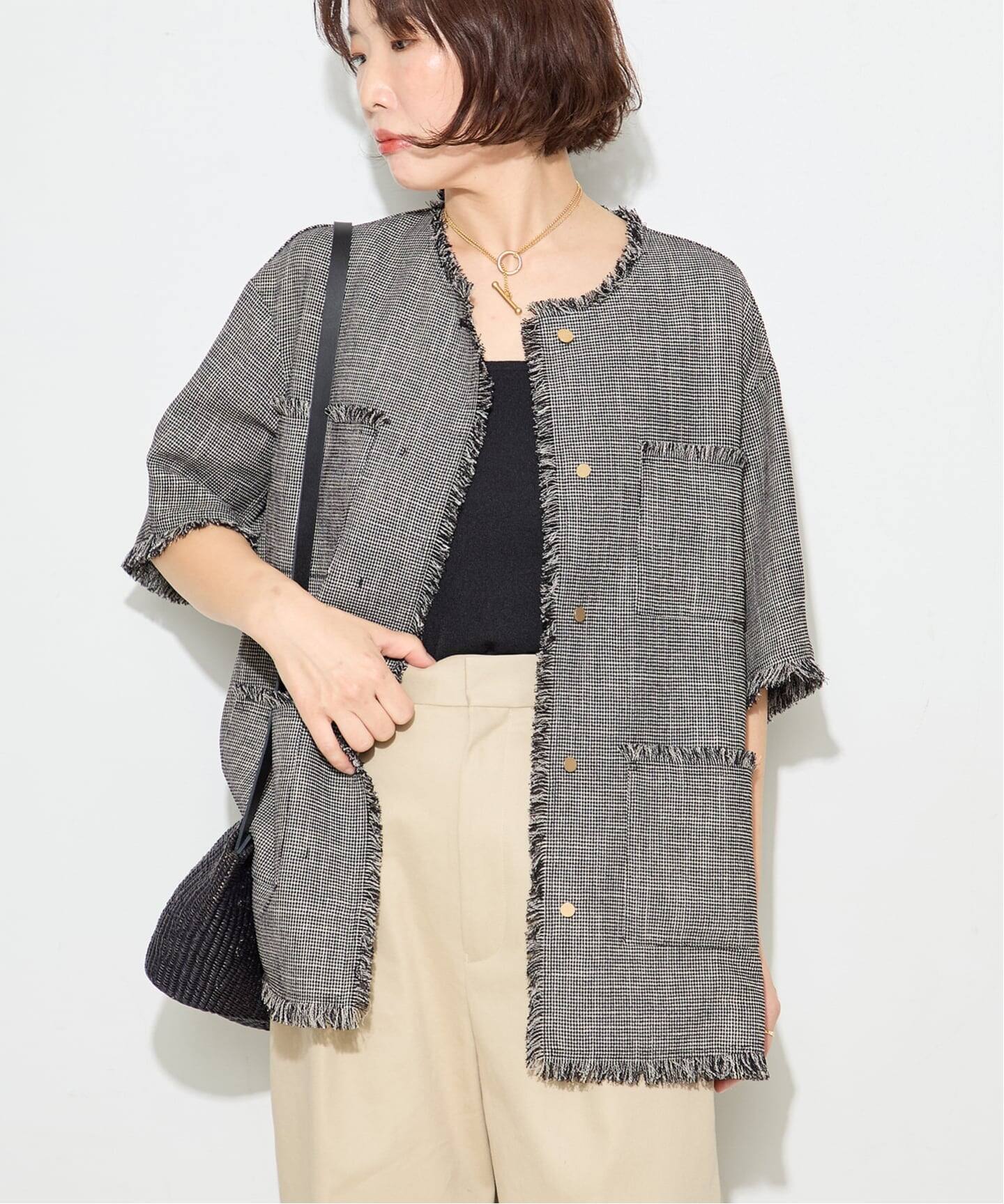 TWEEDY MESH ショートスリーブジャケット（ノーカラージャケット