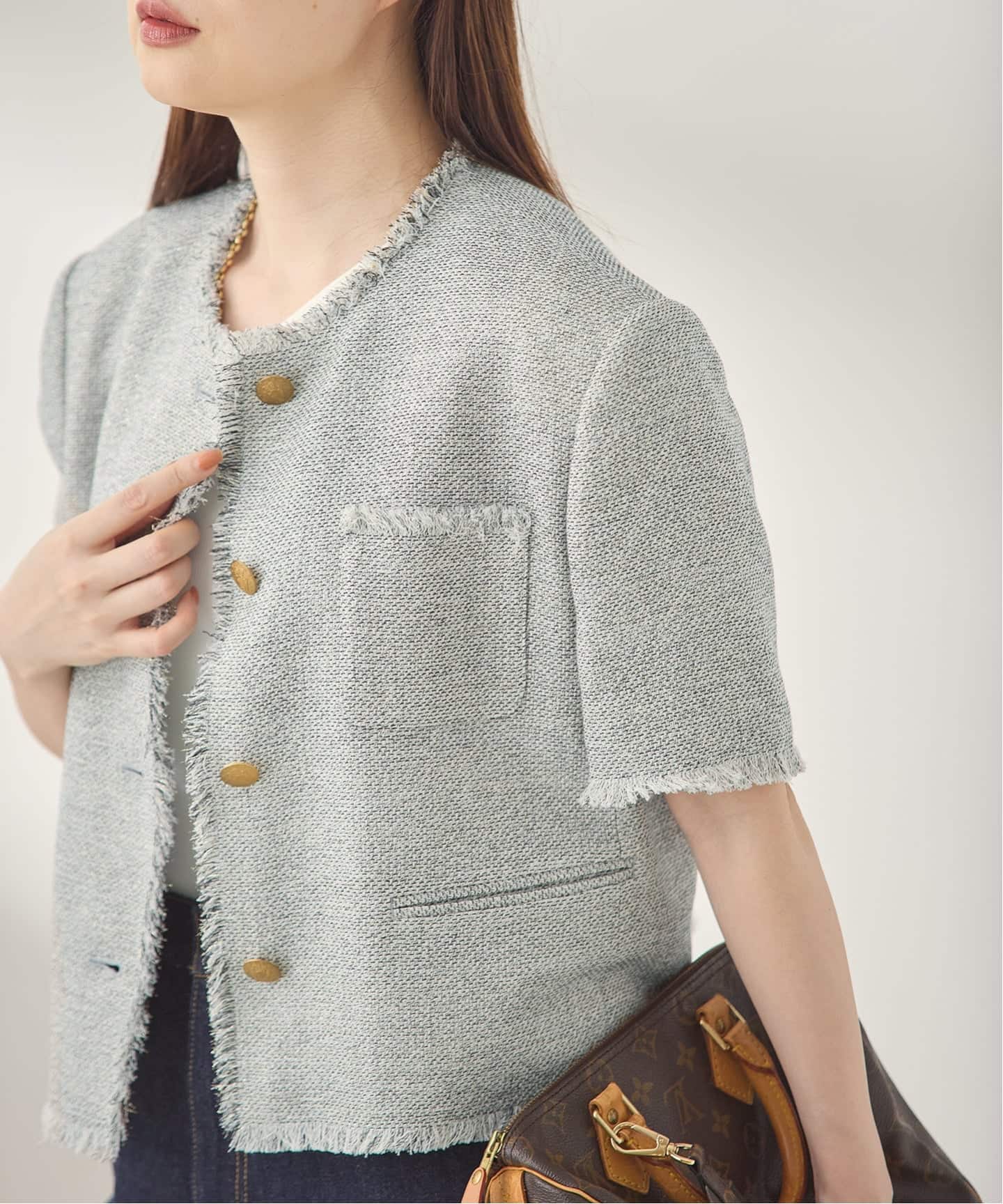 GIOLICA ツイードメッシュショートスリーブ ジャケット（ノーカラー