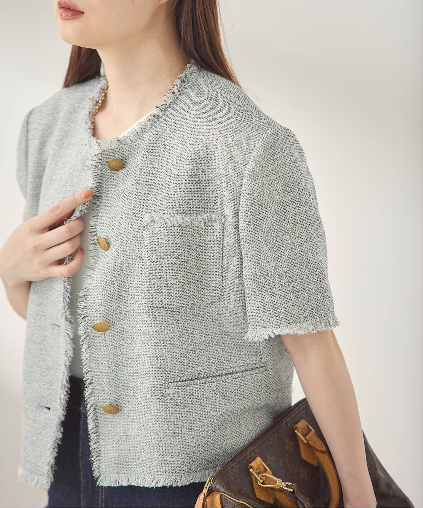 GIOLICA ツイードメッシュショートスリーブ ジャケット（ノーカラー 
