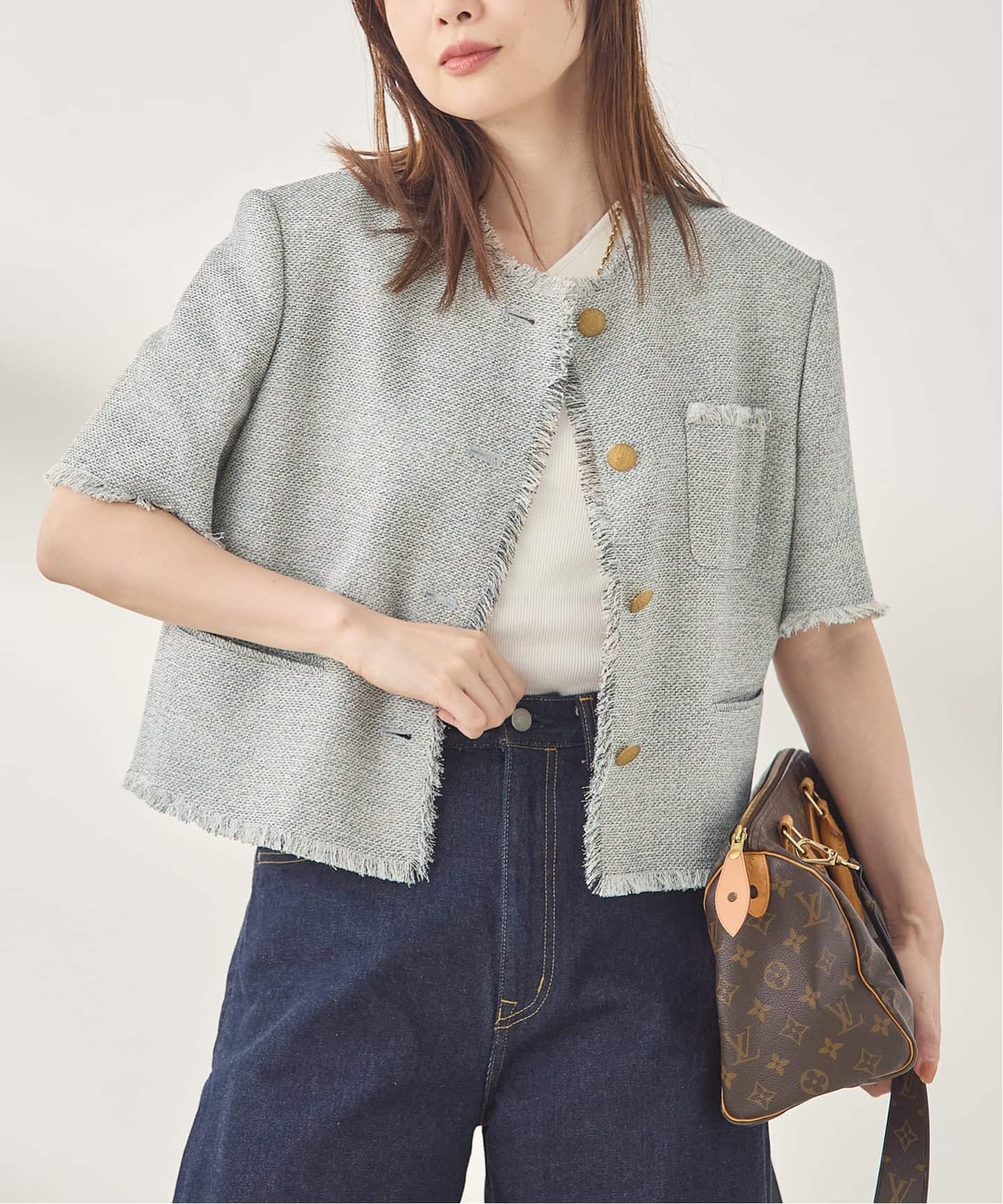 GIOLICA ツイードメッシュショートスリーブ ジャケット（ノーカラー
