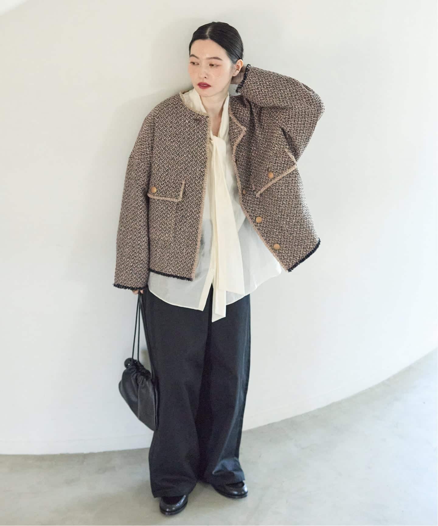 【FRAY I.D】GIOLICAツイードクルーネックジャケット　サイズ1 予約》GIOLICA ツイード D/Sジャケット（ノーカラージャケット