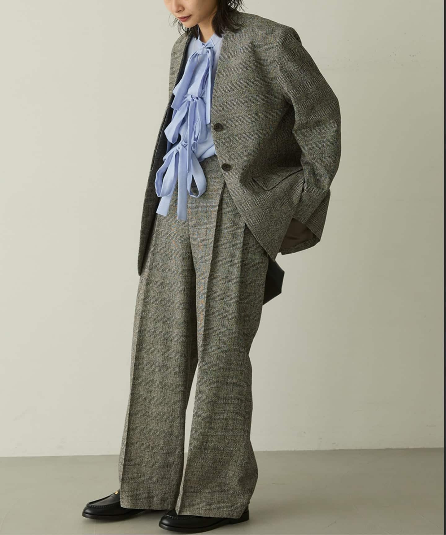 予約》ツイードグレンチェックジャケット（ノーカラージャケット