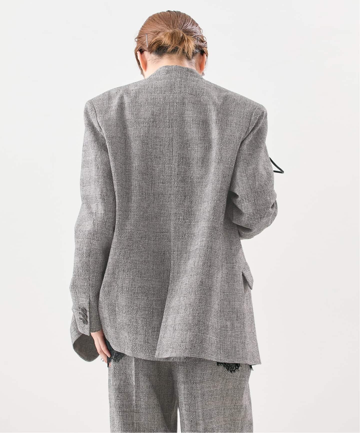 予約》ツイードグレンチェックジャケット（ノーカラージャケット