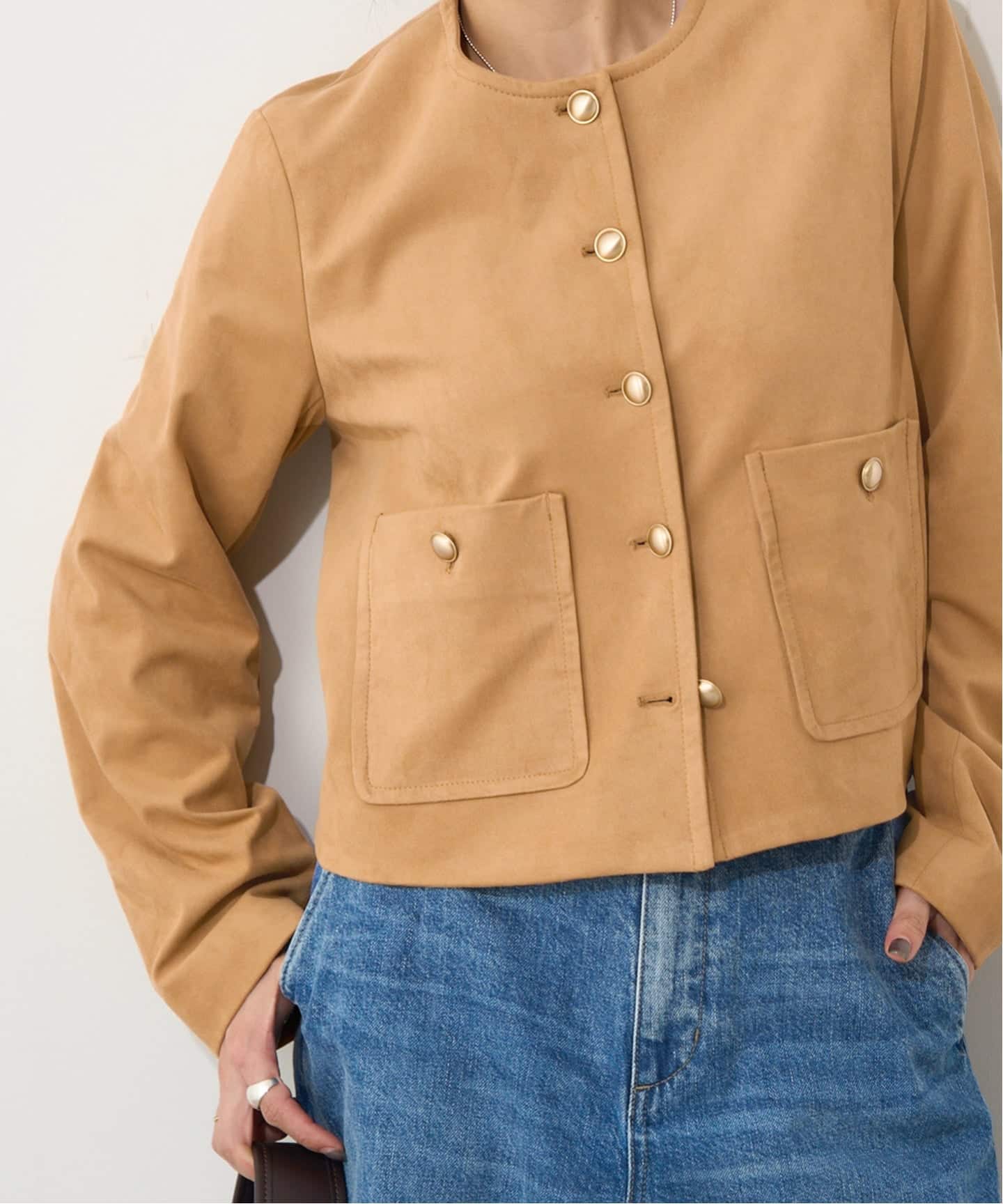 フェイクスエードノーカラージャケット（ノーカラージャケット