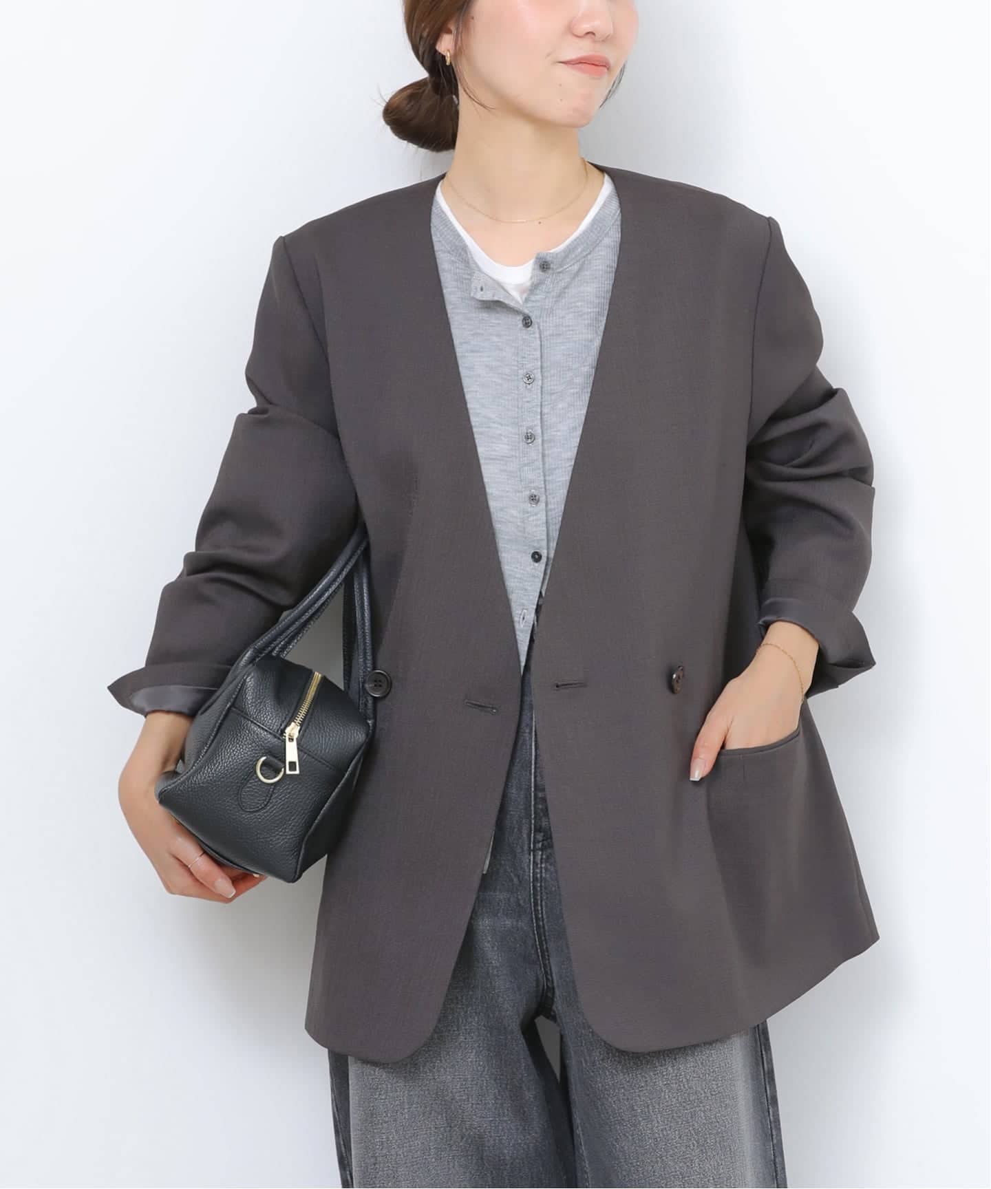 予約》ダブルフロントノーカラージャケット（ノーカラージャケット