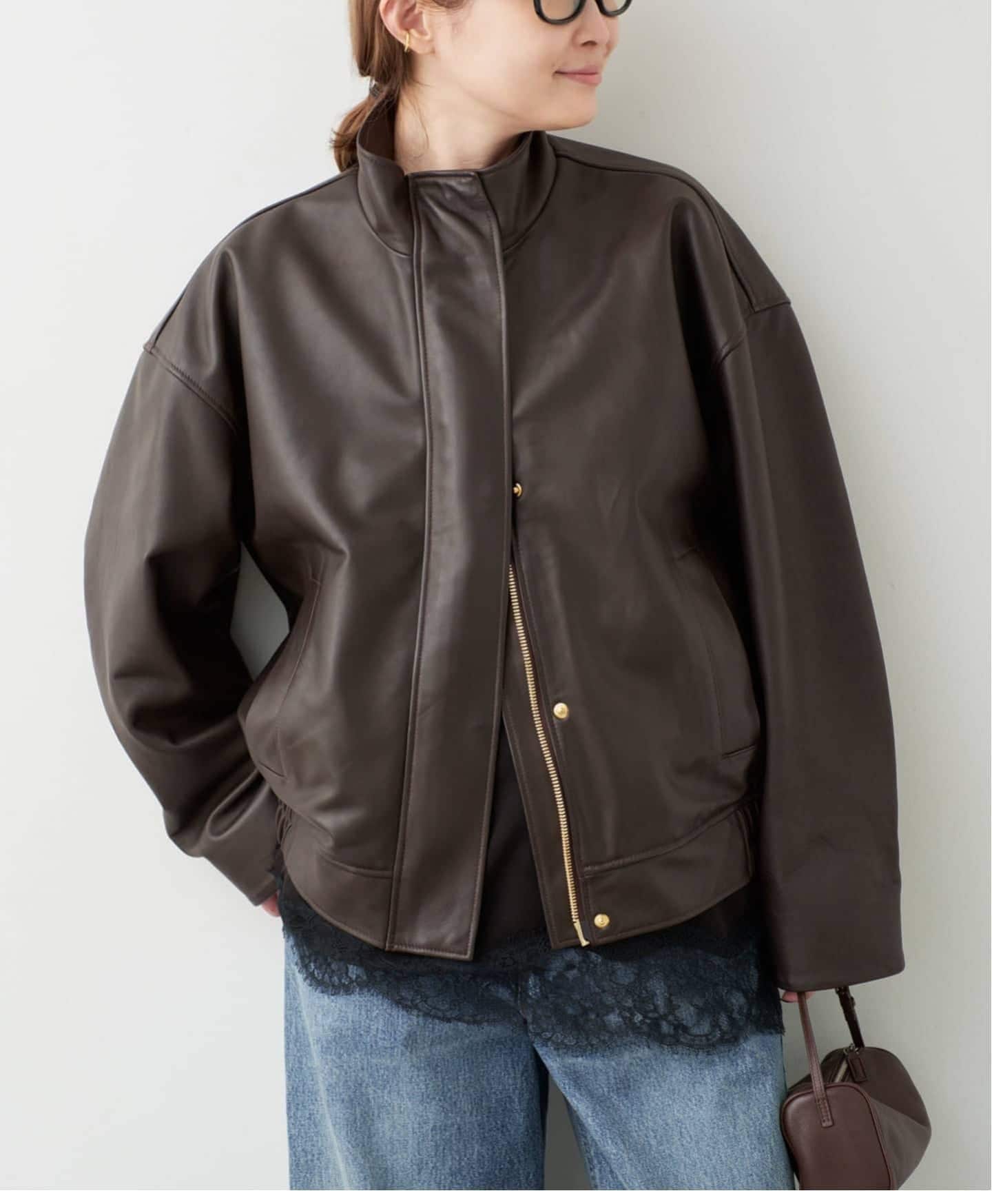 美品❣️Chloé スタッズ付きブラウンレザージャケット 予約》追加 Stand Collar レザーブルゾン（レザージャケット