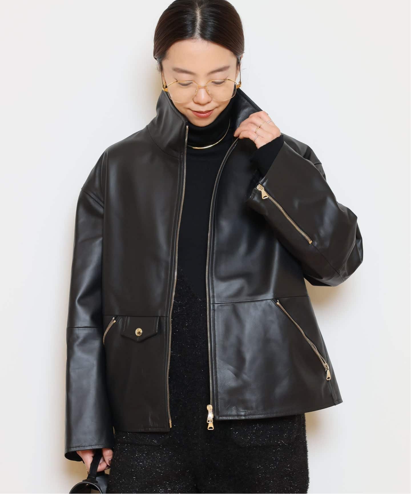 MOTHER マザー　ブラック ラムレザーブルゾン　L フード　中綿 MOTHER マザーブラック ラムレザーブルゾンL フード中綿