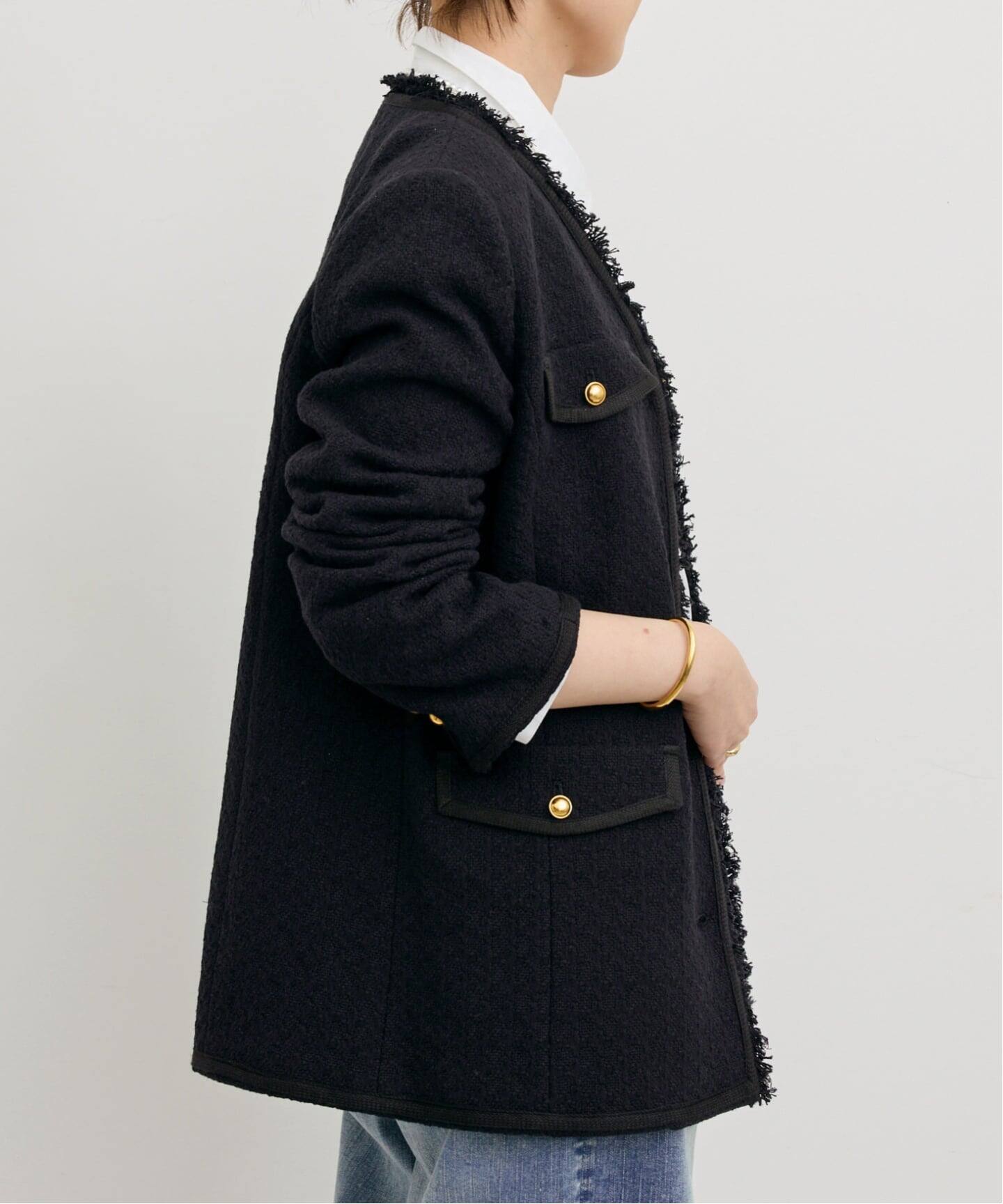 COL PIERROT】 TWEED V-NECK LONG JACKET（ノーカラージャケット）｜L 