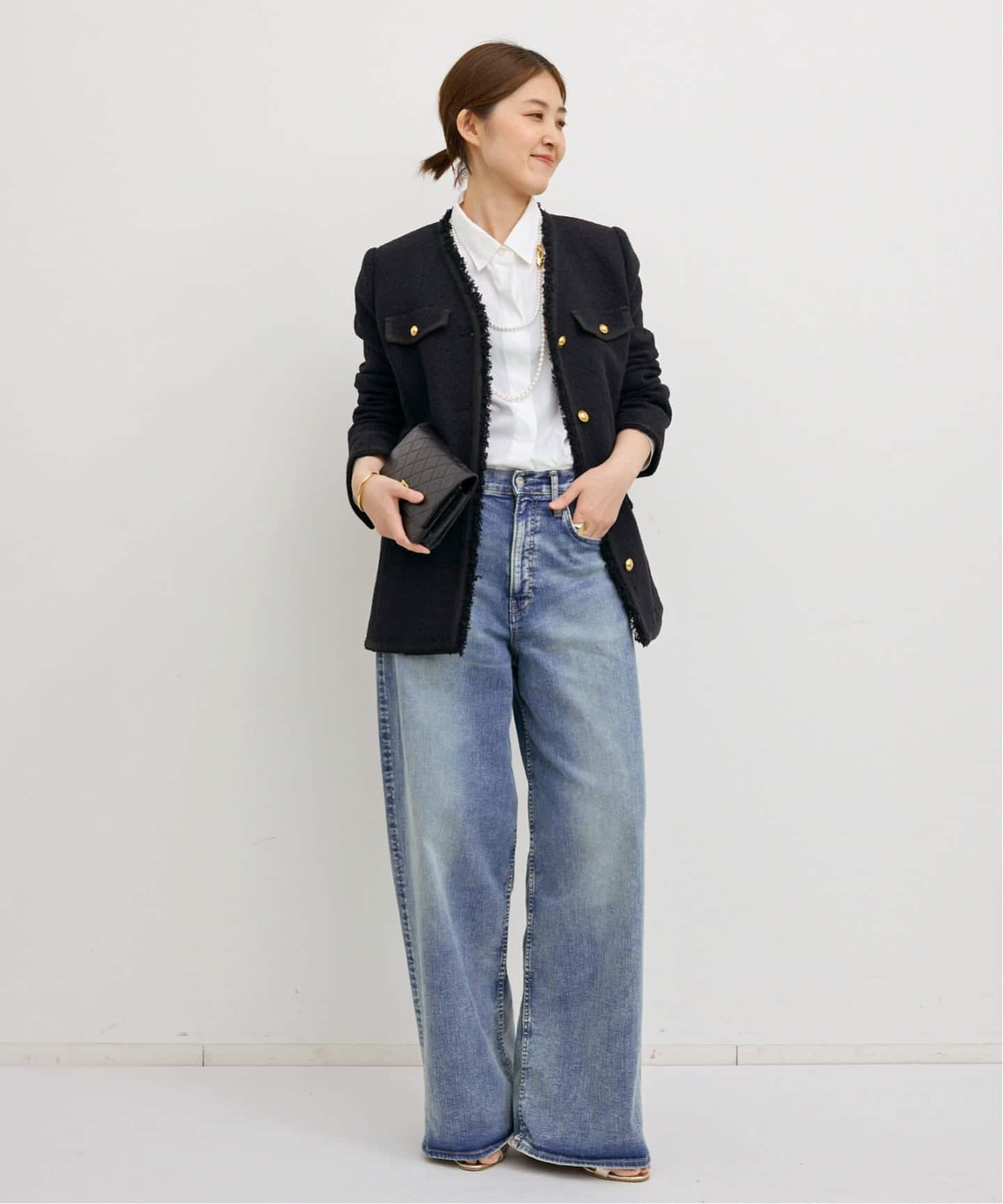 COL PIERROT】 TWEED V-NECK LONG JACKET（ノーカラージャケット）｜L