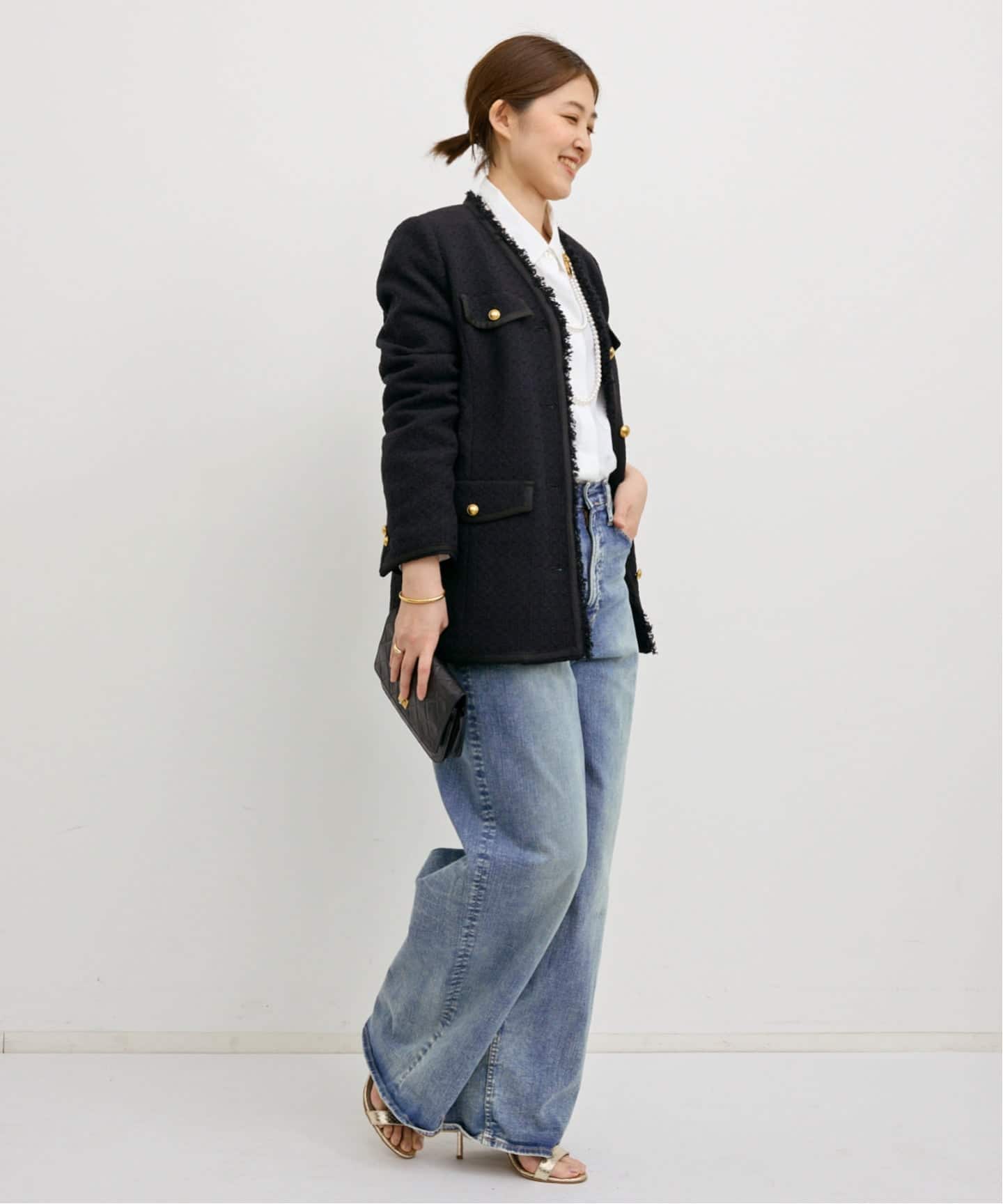 COL PIERROT】 TWEED V-NECK LONG JACKET（ノーカラージャケット）｜L