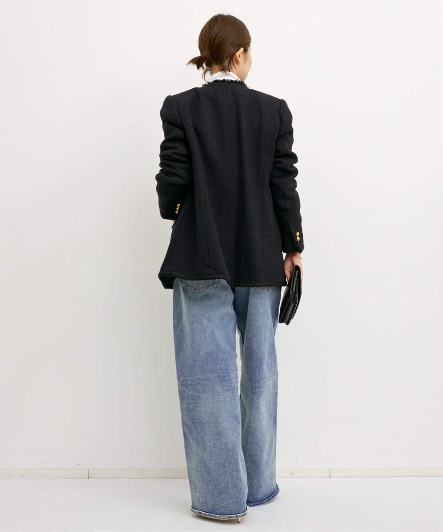 COL PIERROT】 TWEED V-NECK LONG JACKET（ノーカラージャケット）｜L