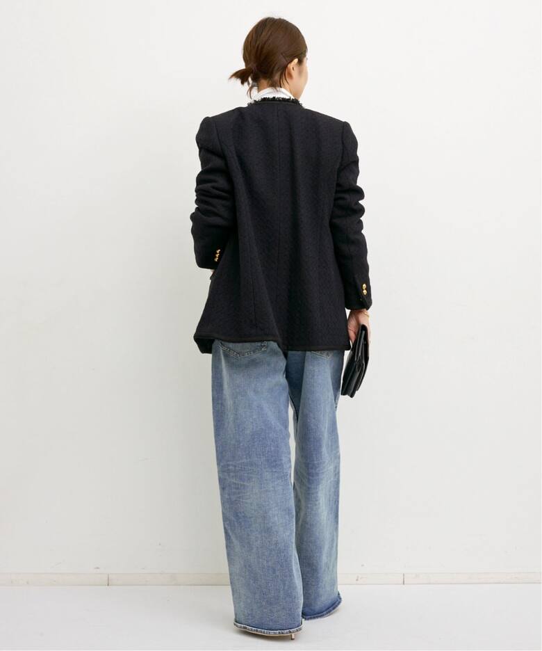 COL PIERROT】 TWEED V-NECK LONG JACKET（ノーカラージャケット）｜L 