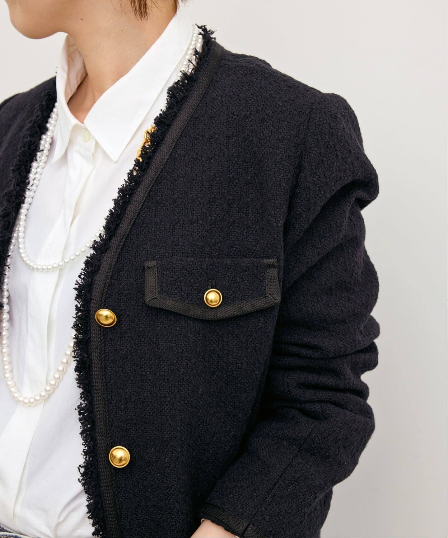 COL PIERROT】 TWEED V-NECK LONG JACKET（ノーカラージャケット）｜L 