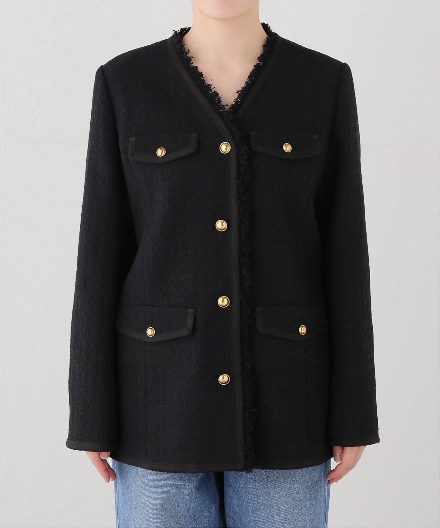 COL PIERROT】 TWEED V-NECK LONG JACKET（ノーカラージャケット）｜L