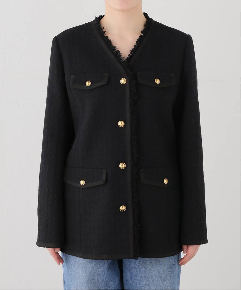 COL PIERROT】 TWEED V-NECK LONG JACKET（ノーカラージャケット）｜L 