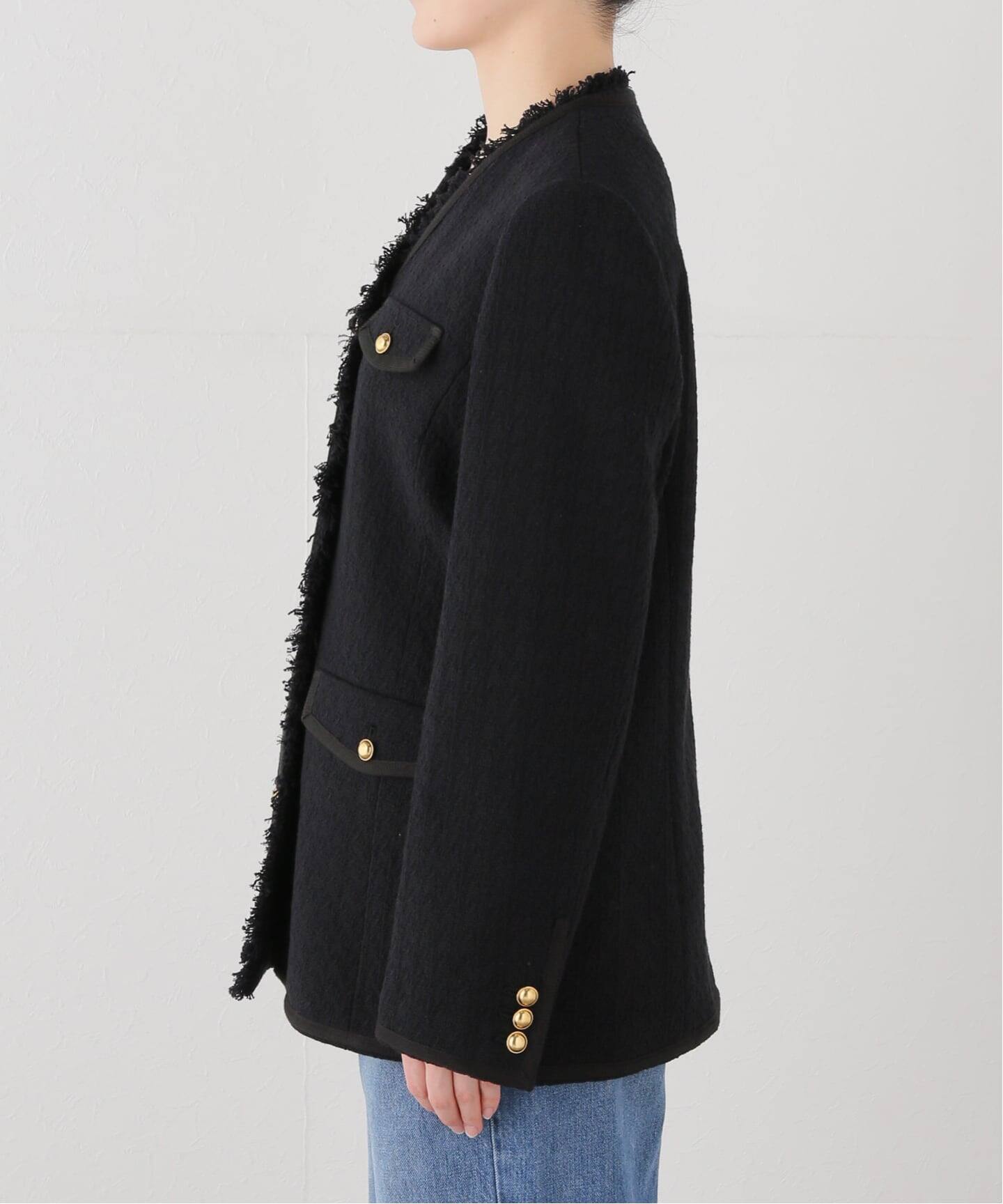 COL PIERROT】 TWEED V-NECK LONG JACKET（ノーカラージャケット）｜L 