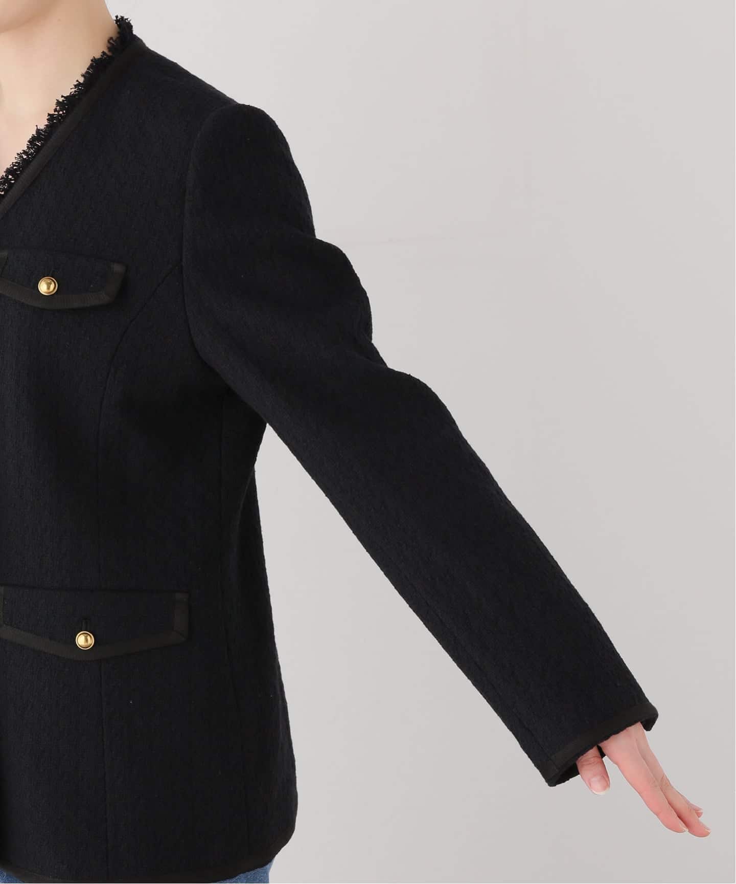 COL PIERROT】 TWEED V-NECK LONG JACKET（ノーカラージャケット）｜L