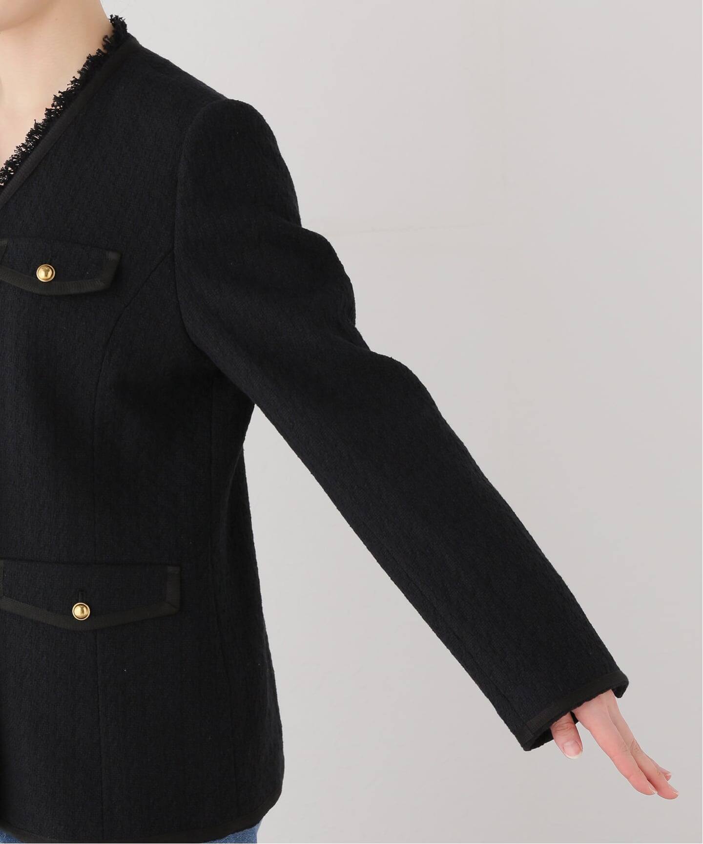 COL PIERROT】 TWEED V-NECK LONG JACKET（ノーカラージャケット）｜L 