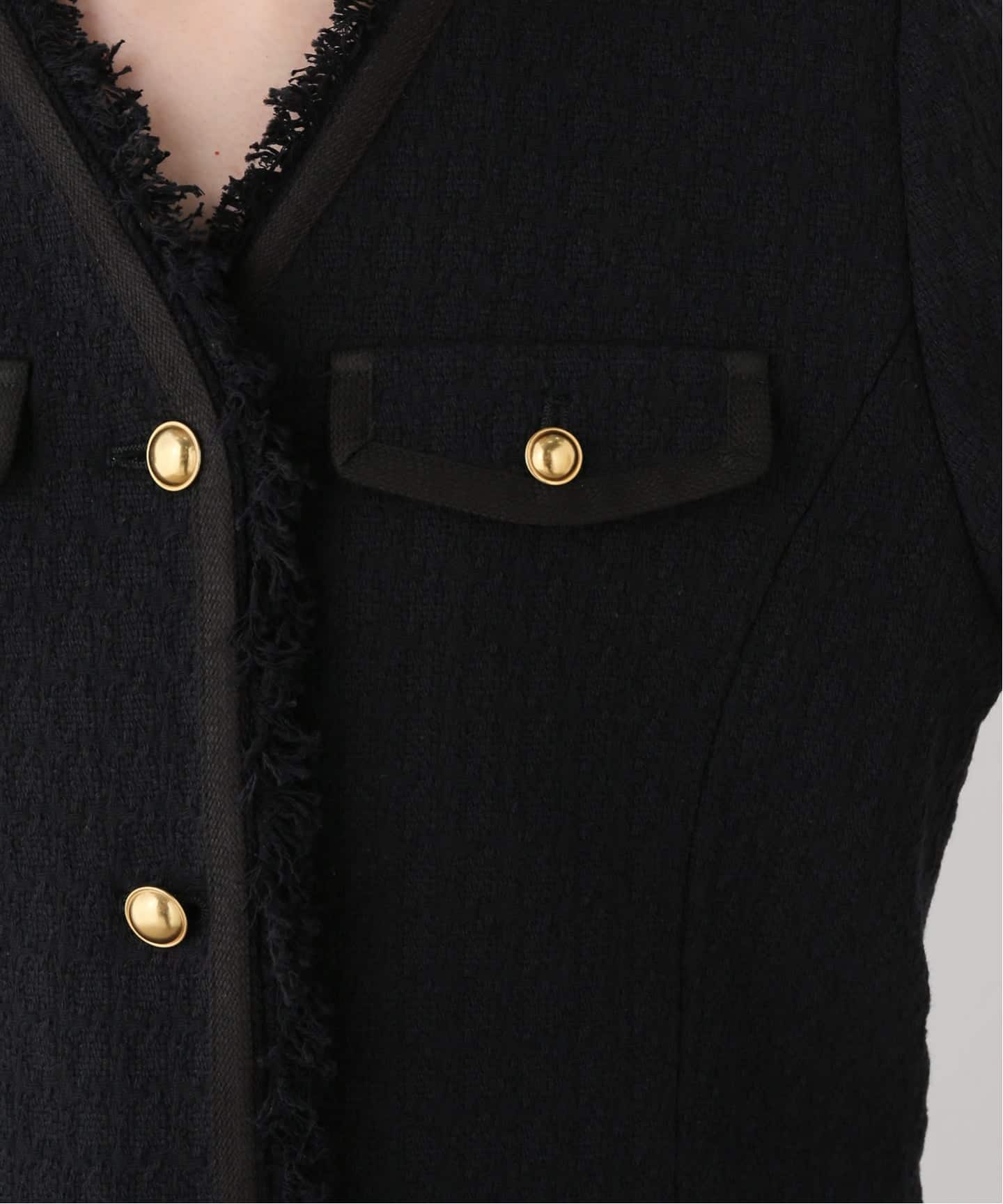 COL PIERROT】 TWEED V-NECK LONG JACKET（ノーカラージャケット）｜L