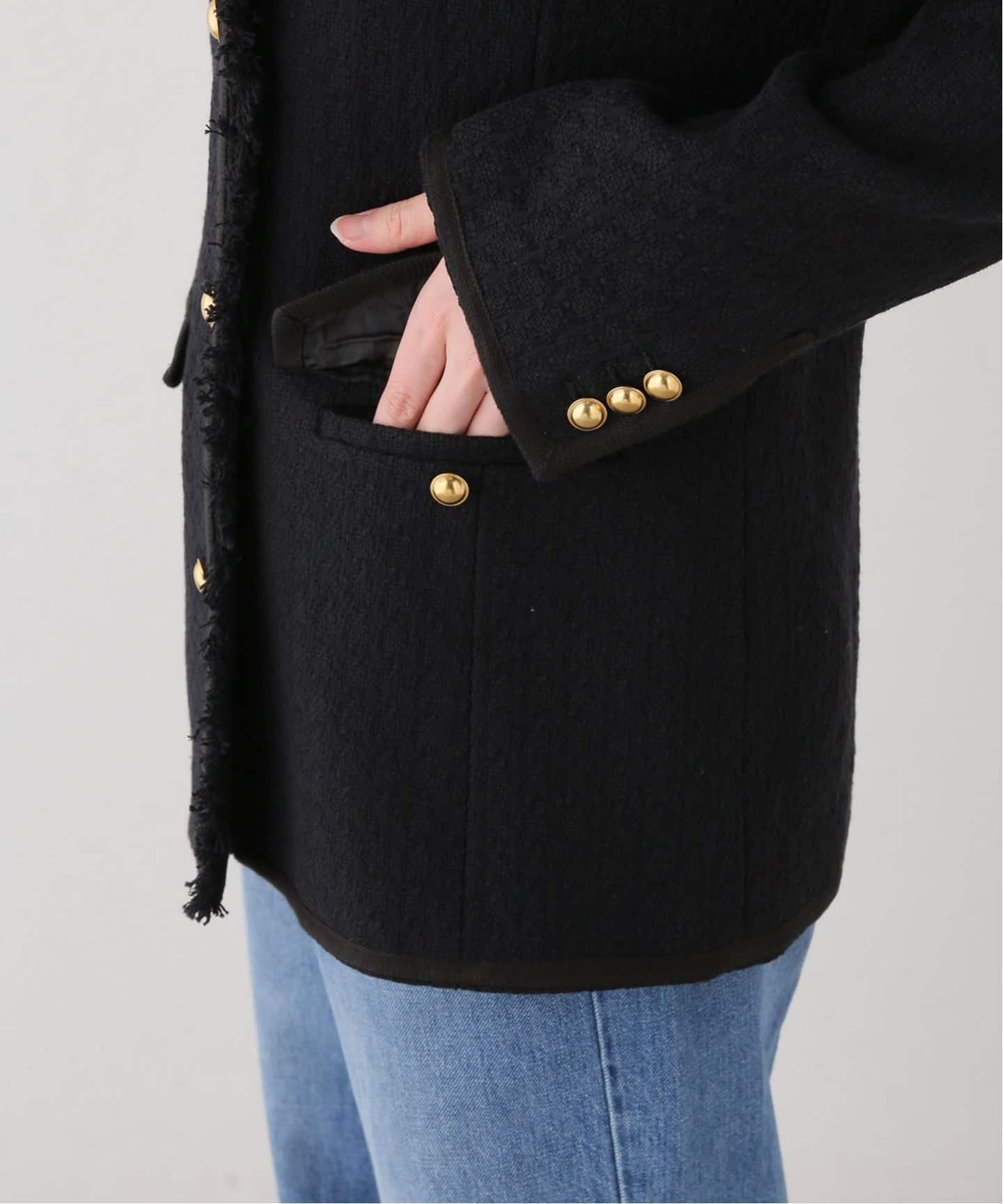 COL PIERROT】 TWEED V-NECK LONG JACKET（ノーカラージャケット）｜L