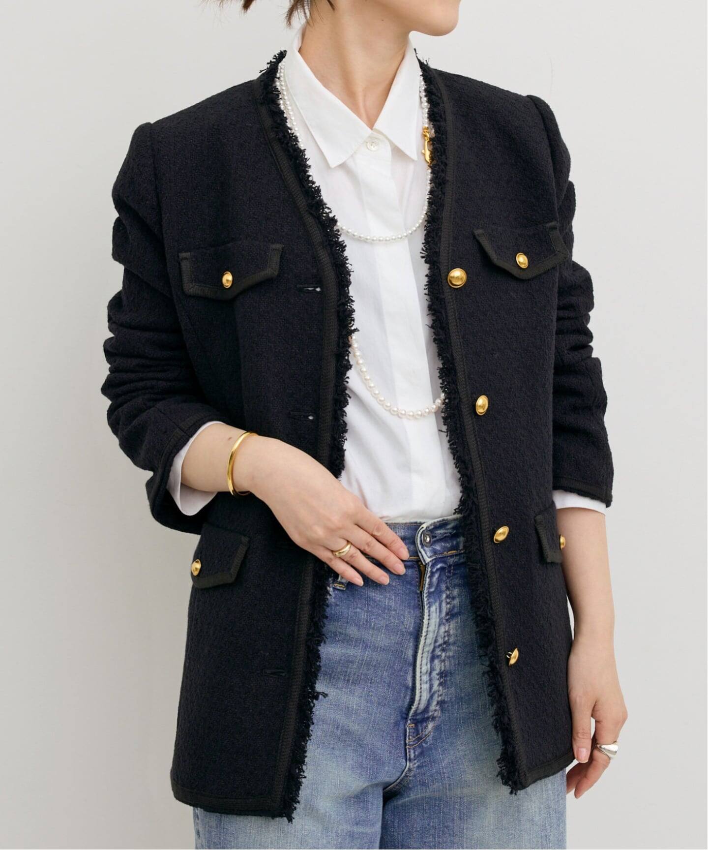 COL PIERROT】 TWEED V-NECK LONG JACKET（ノーカラージャケット）｜L 