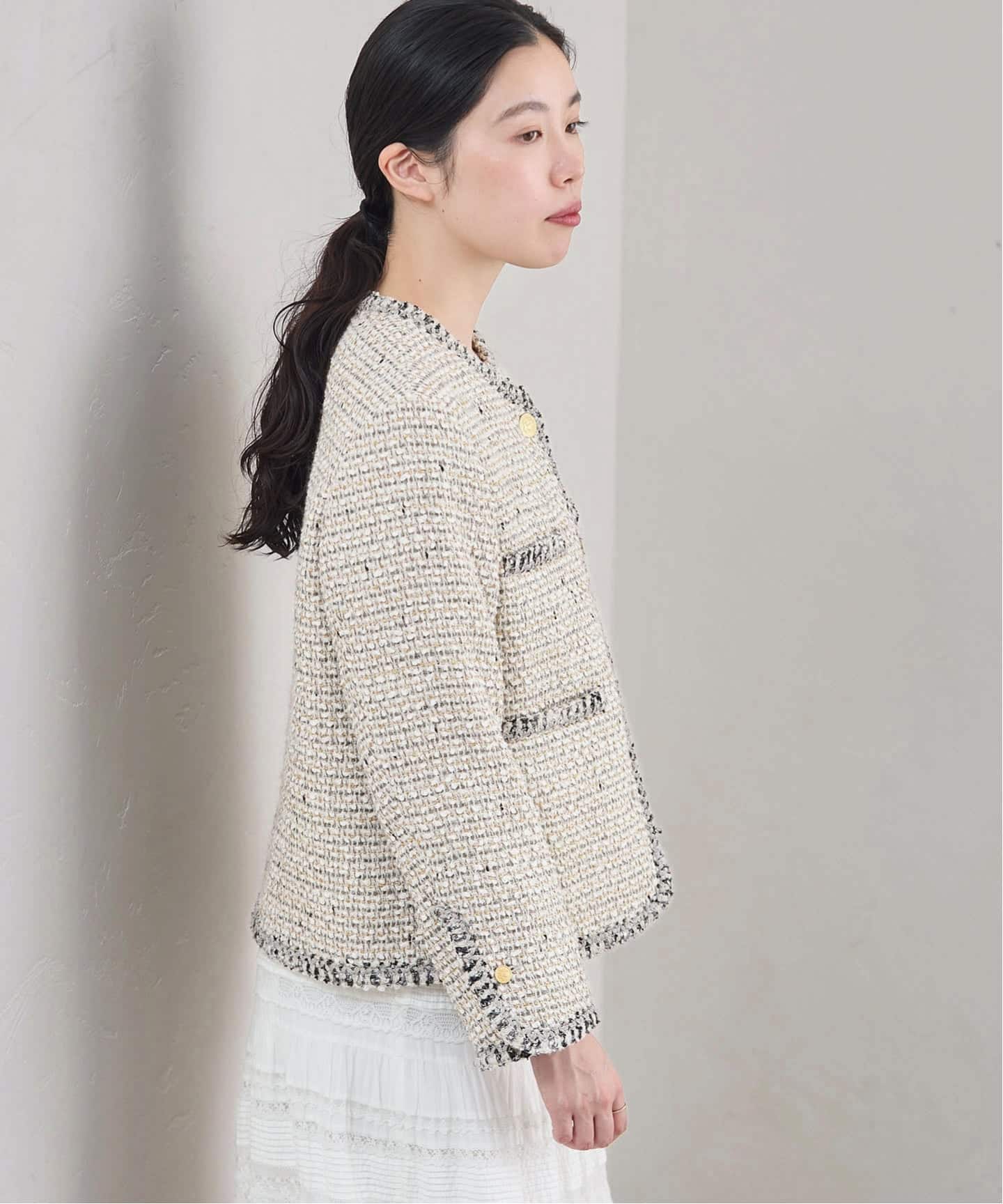 IENA Marin Tweed ジャケット.S IENA 35TH》THE TWEED JACKET with LINTON（ノーカラージャケット