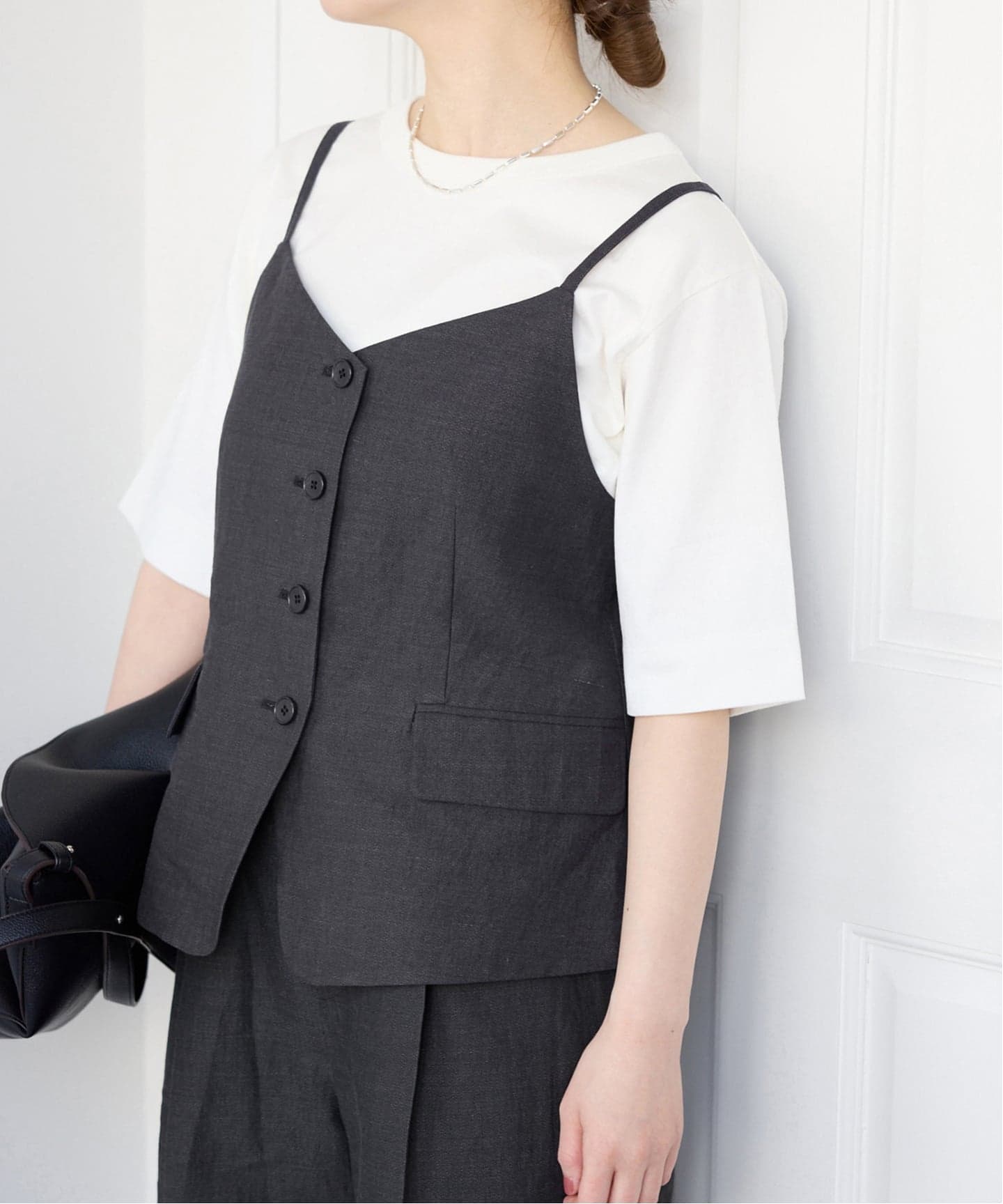 セットアップ対応》ウォッシャブル リネン混シェイプジレ（ジレ