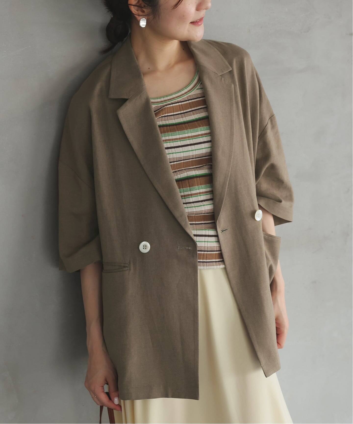 SLOBE IENA リネンレーヨンハーフスリーブジャケット　カーキ　38 追加2》リネンレーヨンハーフスリーブジャケット（その他ジャケット
