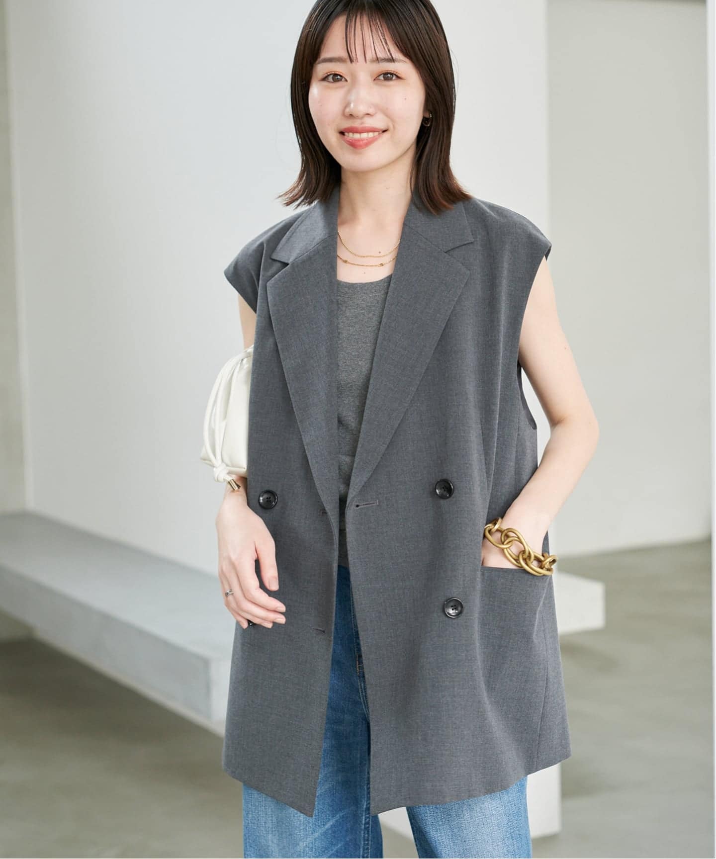 【新品】 スローブイエナ　ダブルブレスト　ベスト　グレー　ジレ 予約》TR TORO ダブルブレストジレ（ジレ）｜SLOBE IENA（スローブ