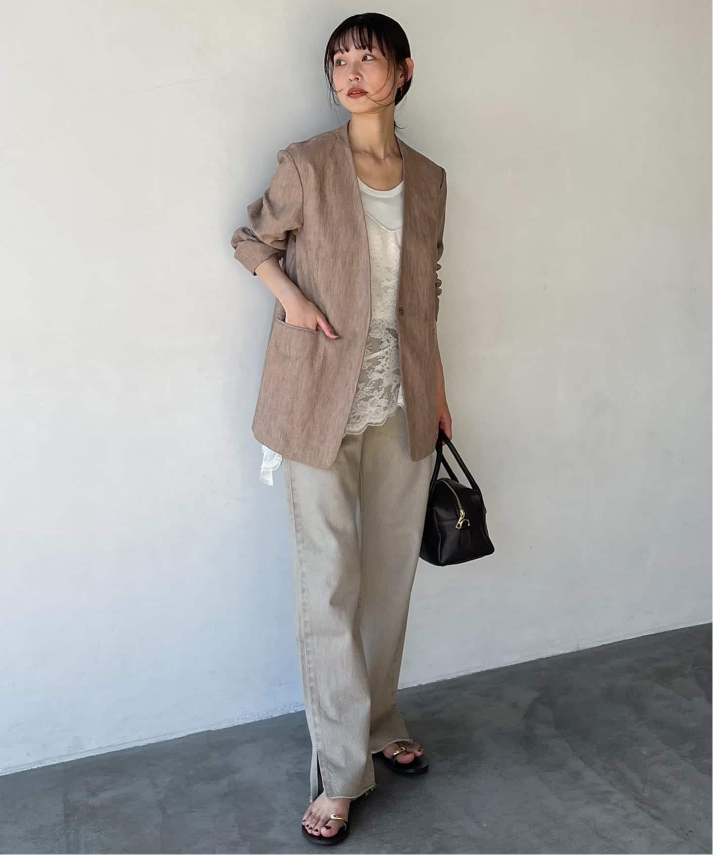 メランジュヘリンボーンカラーレスジャケット（ノーカラージャケット