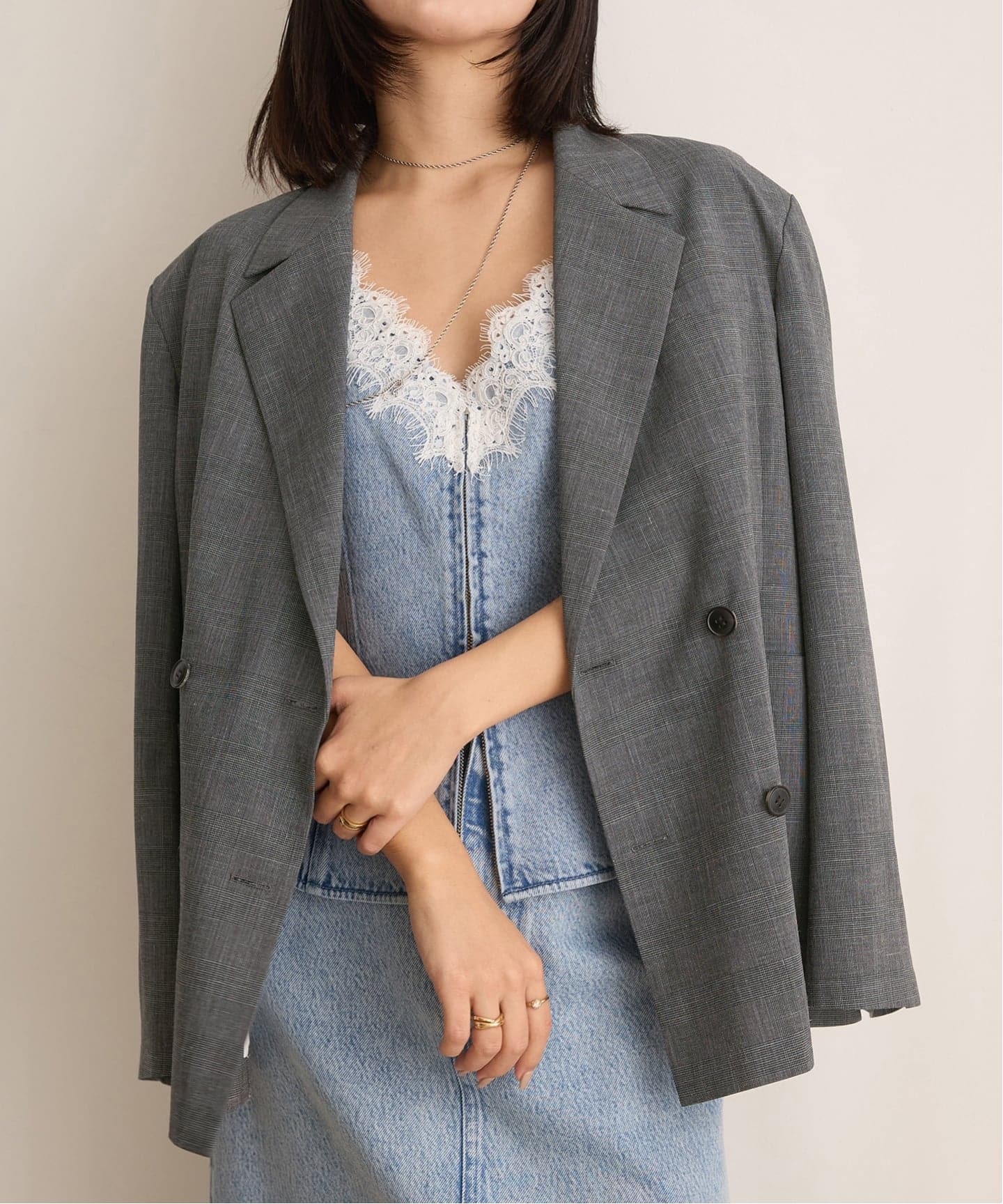 【IENA】ウール ダブルブレストジャケット★グレー IENA LA BOUCLE グレンチェックダブルブレストジャケット（テーラード