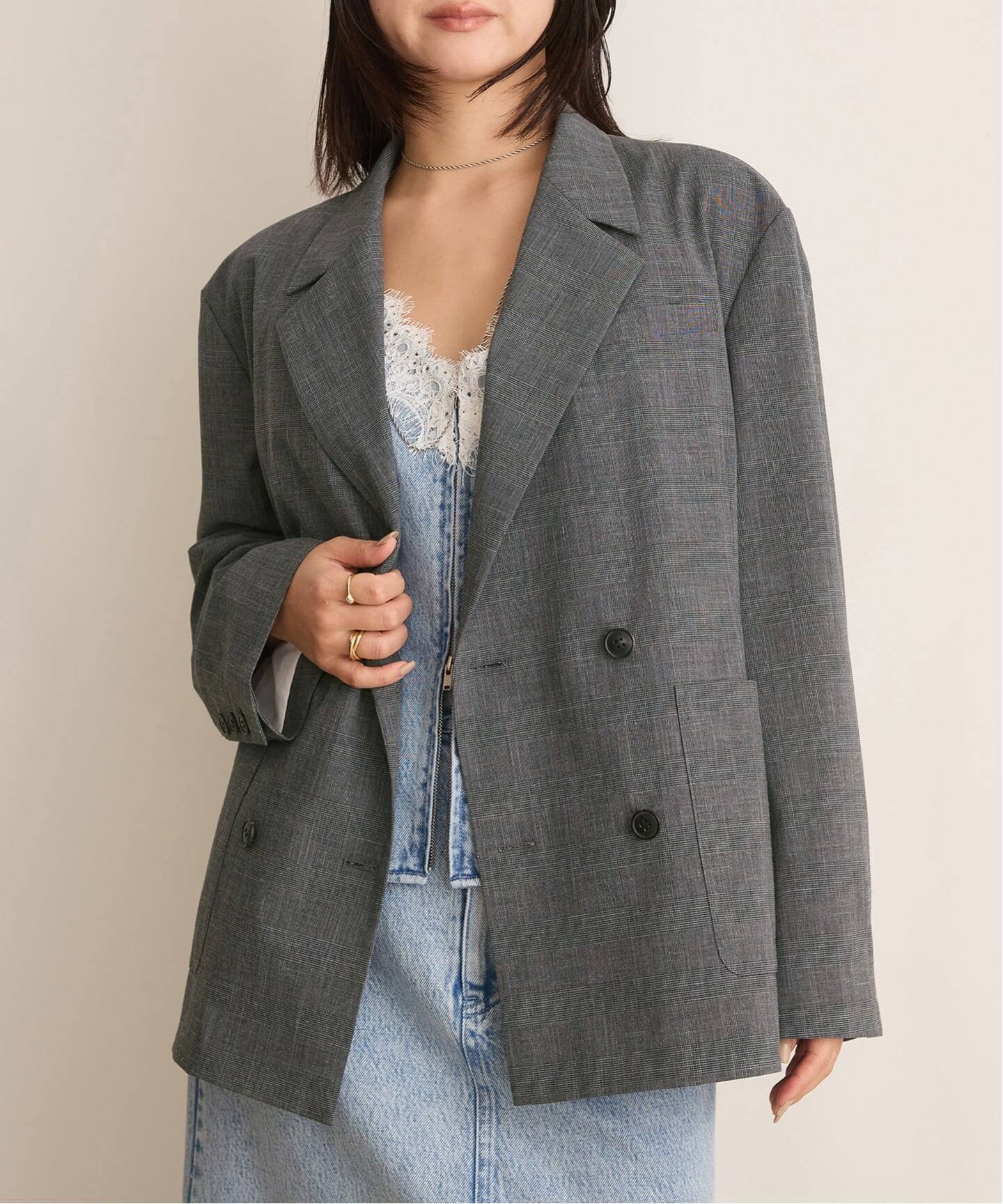 IENA LA BOUCLE グレンチェックダブルブレストジャケット（テーラード 