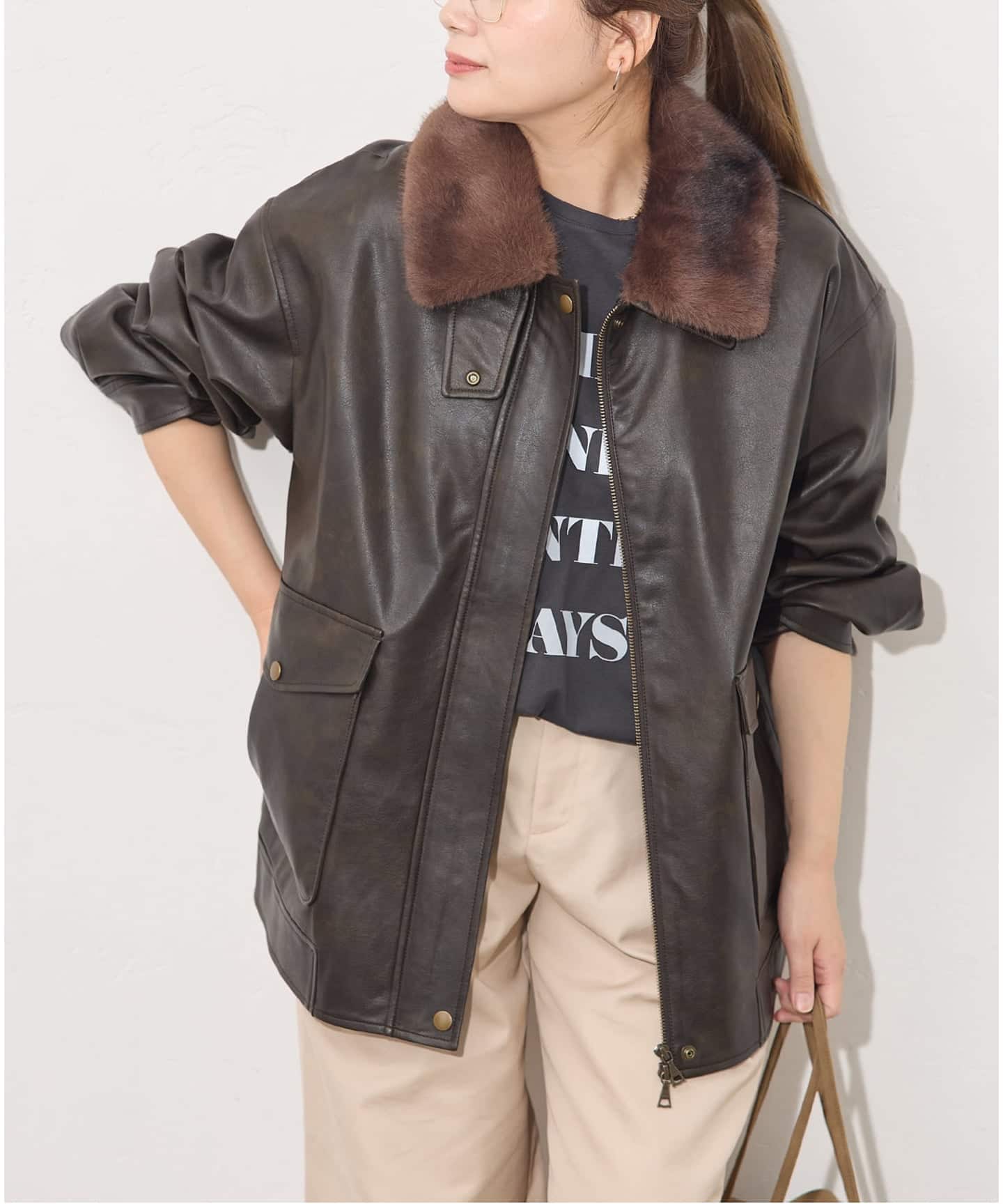 美品　ジャーナルスタンダード　フェイクレザー　ジャケット　ブルゾン　24AW 予約》フェイクレザー/スエードファーエリツキブルゾン（レザー