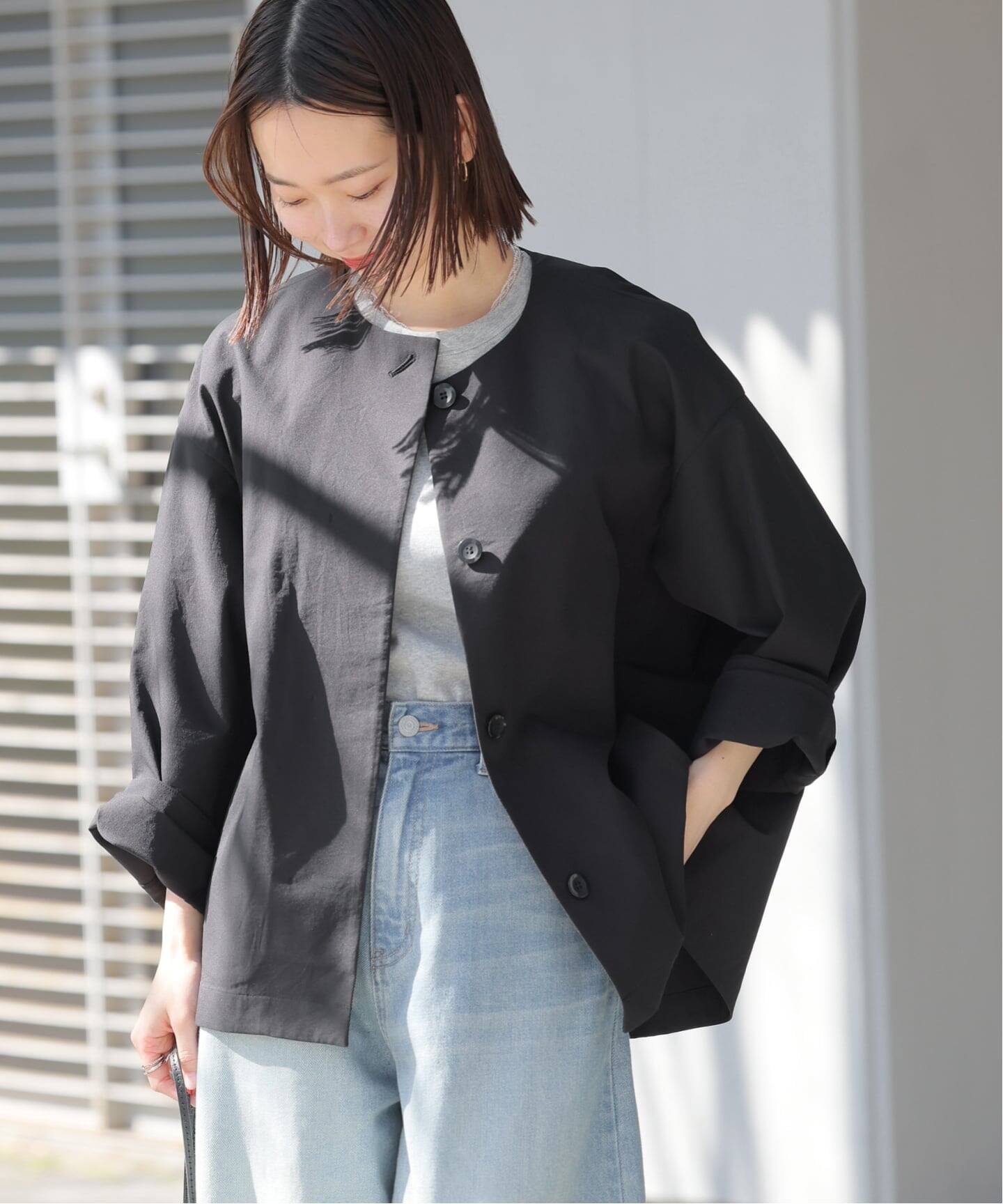 レリューム クルーネックコクーンブルゾン ブラック 追加》［撥水 / UVカット］【SPENSIERATO】クルーネックコクーン