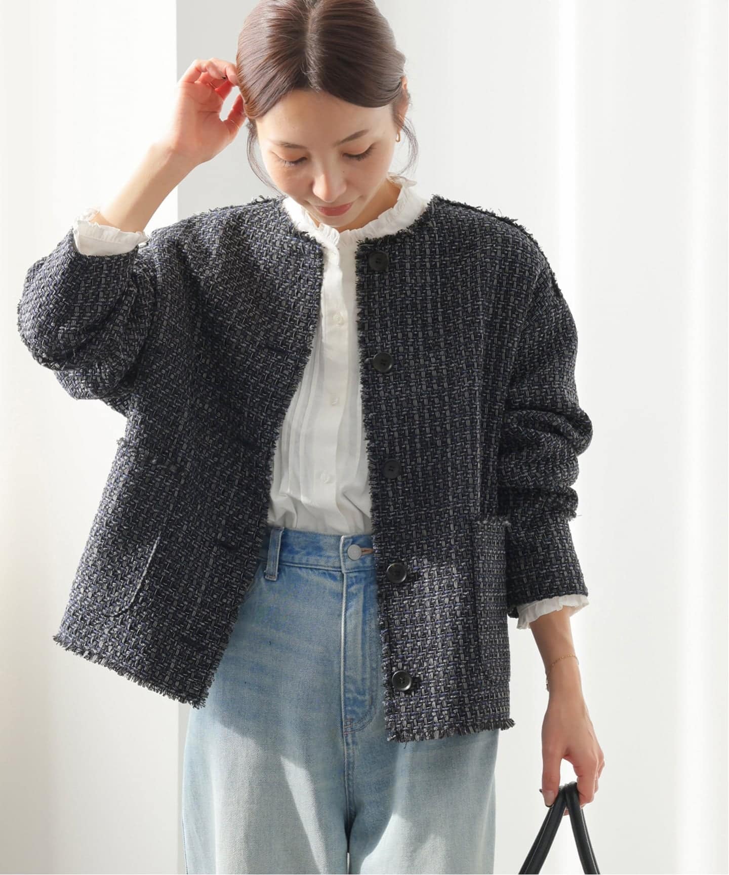 予約》［26SS新作］ノーカラーツイードブルゾン（ノーカラージャケット