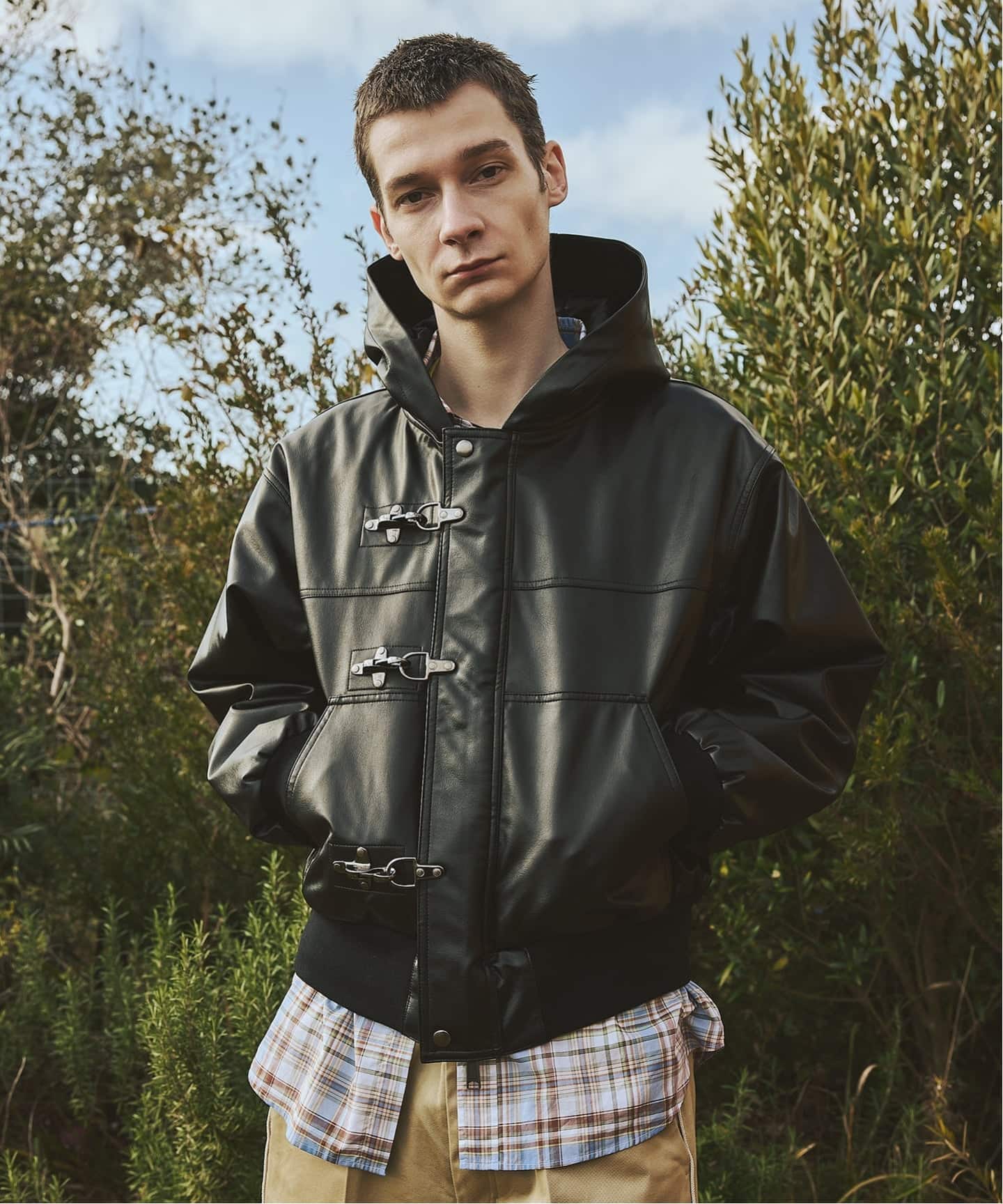 フェイクレザー ファイヤーマン フード ジャケット（レザージャケット