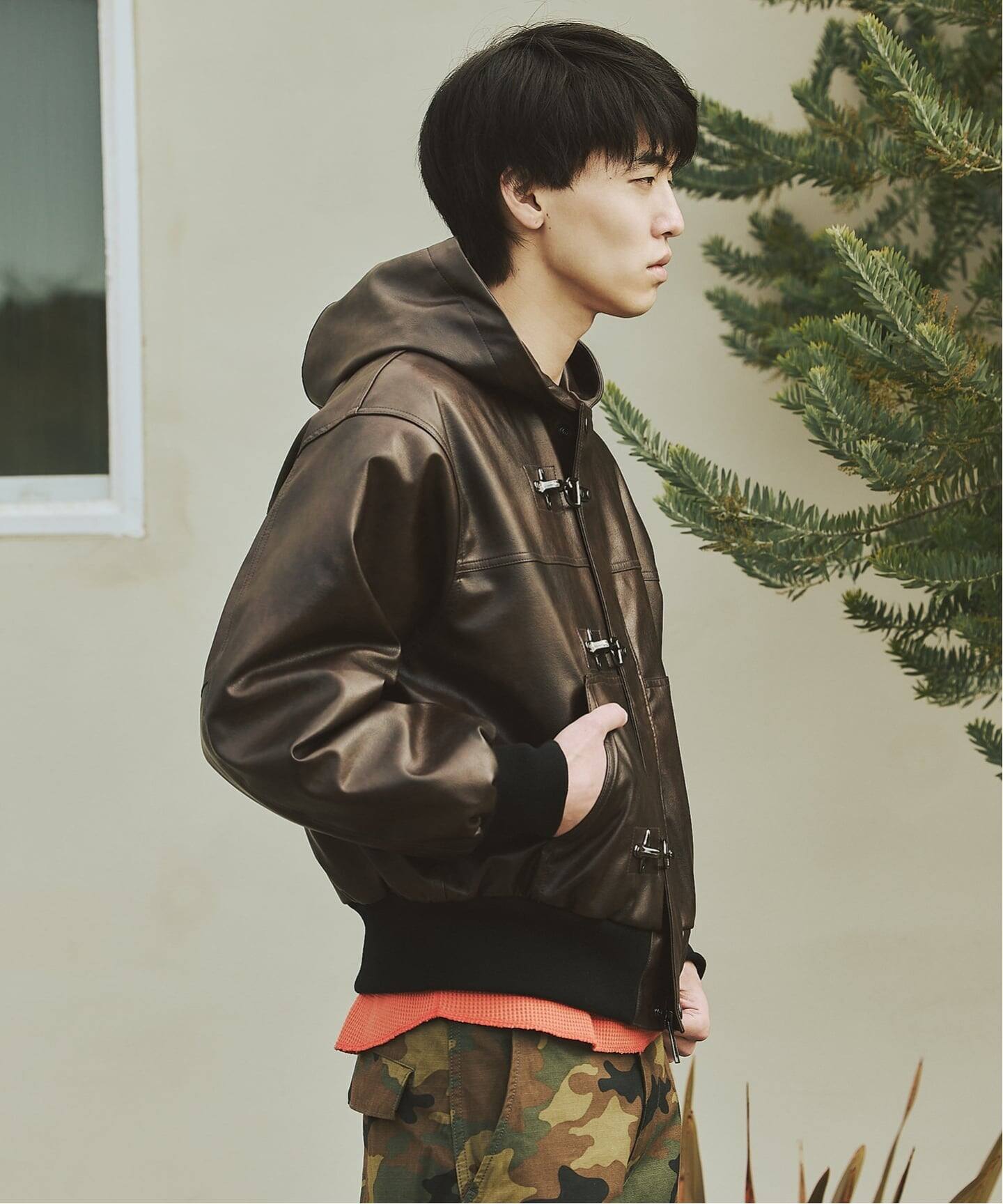 フェイクレザー ファイヤーマン フード ジャケット（レザージャケット