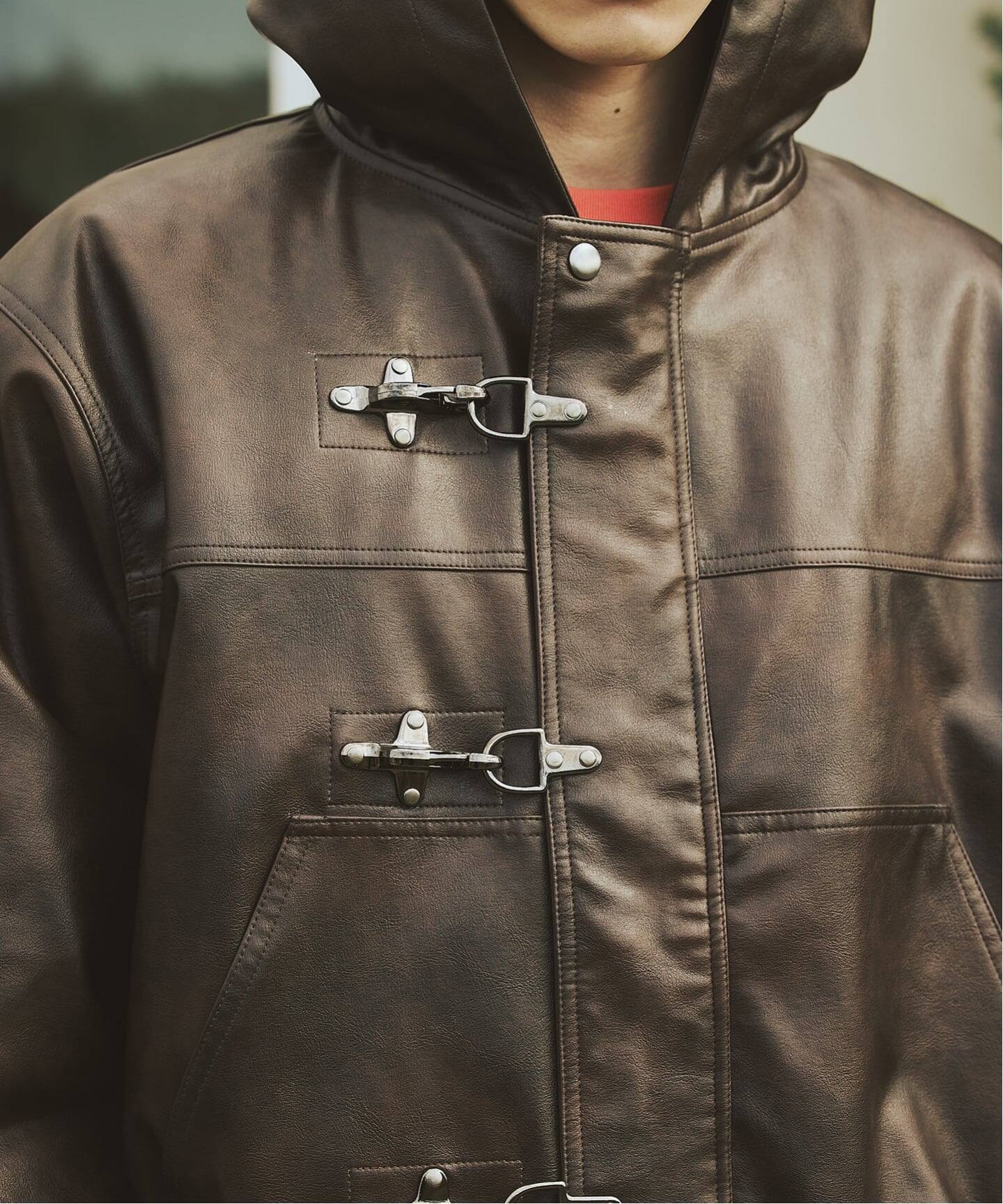 フェイクレザー ファイヤーマン フード ジャケット（レザージャケット