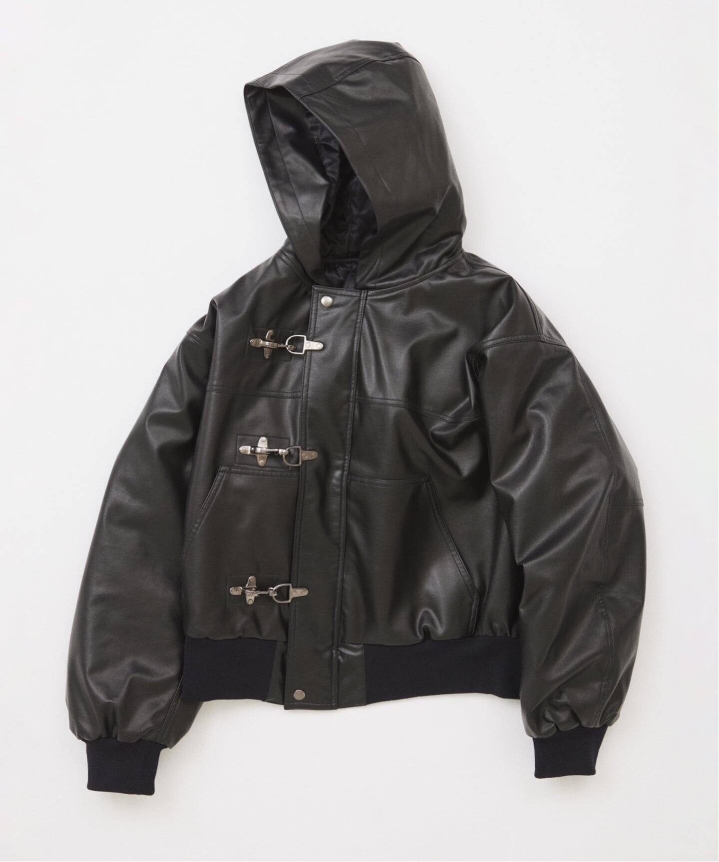 フェイクレザー ファイヤーマン フード ジャケット（レザージャケット