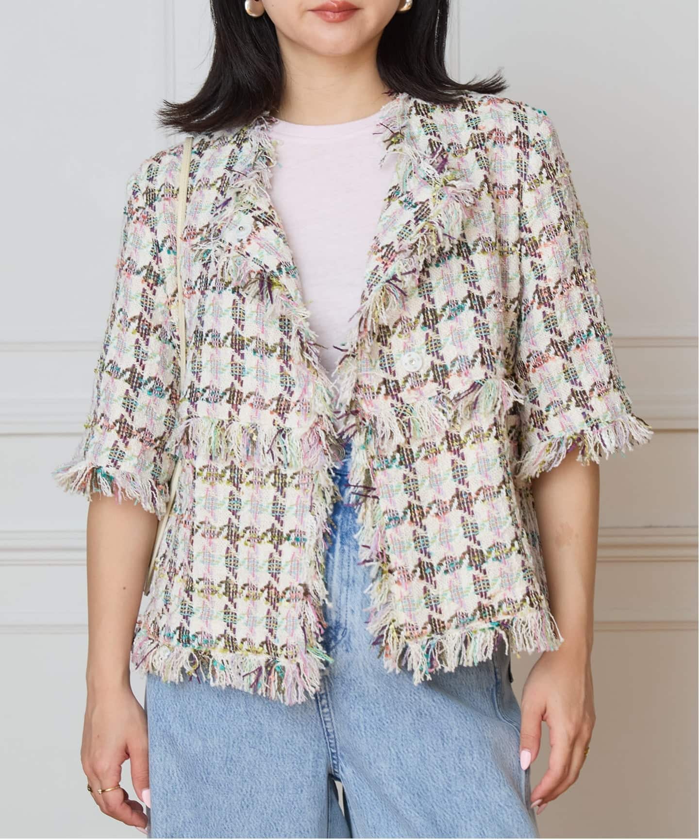 IENA LA BOUCLE LINTONカラーツィードボレロジャケット（ノーカラー