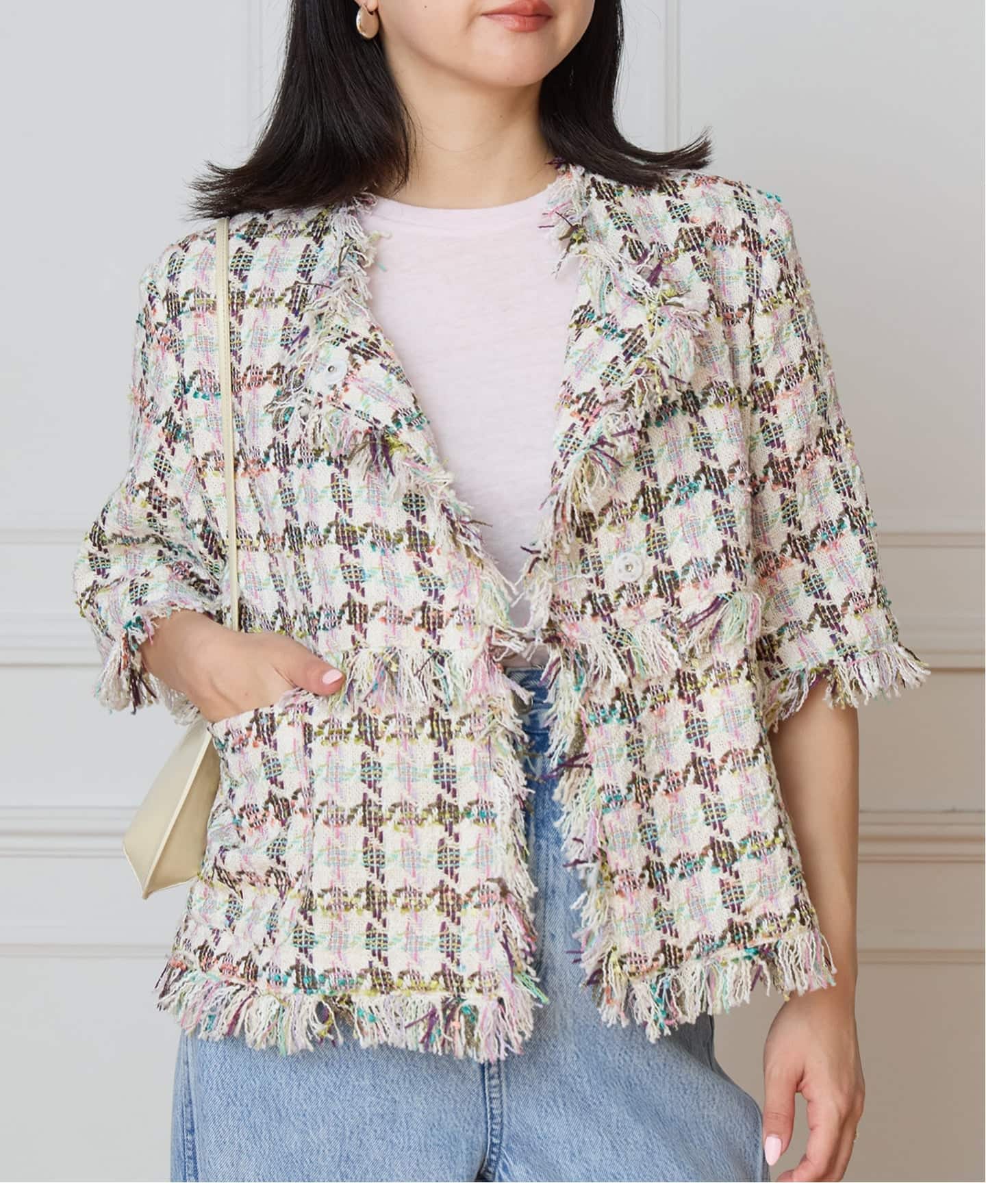 IENA LA BOUCLE LINTONカラーツィードボレロジャケット（ノーカラー